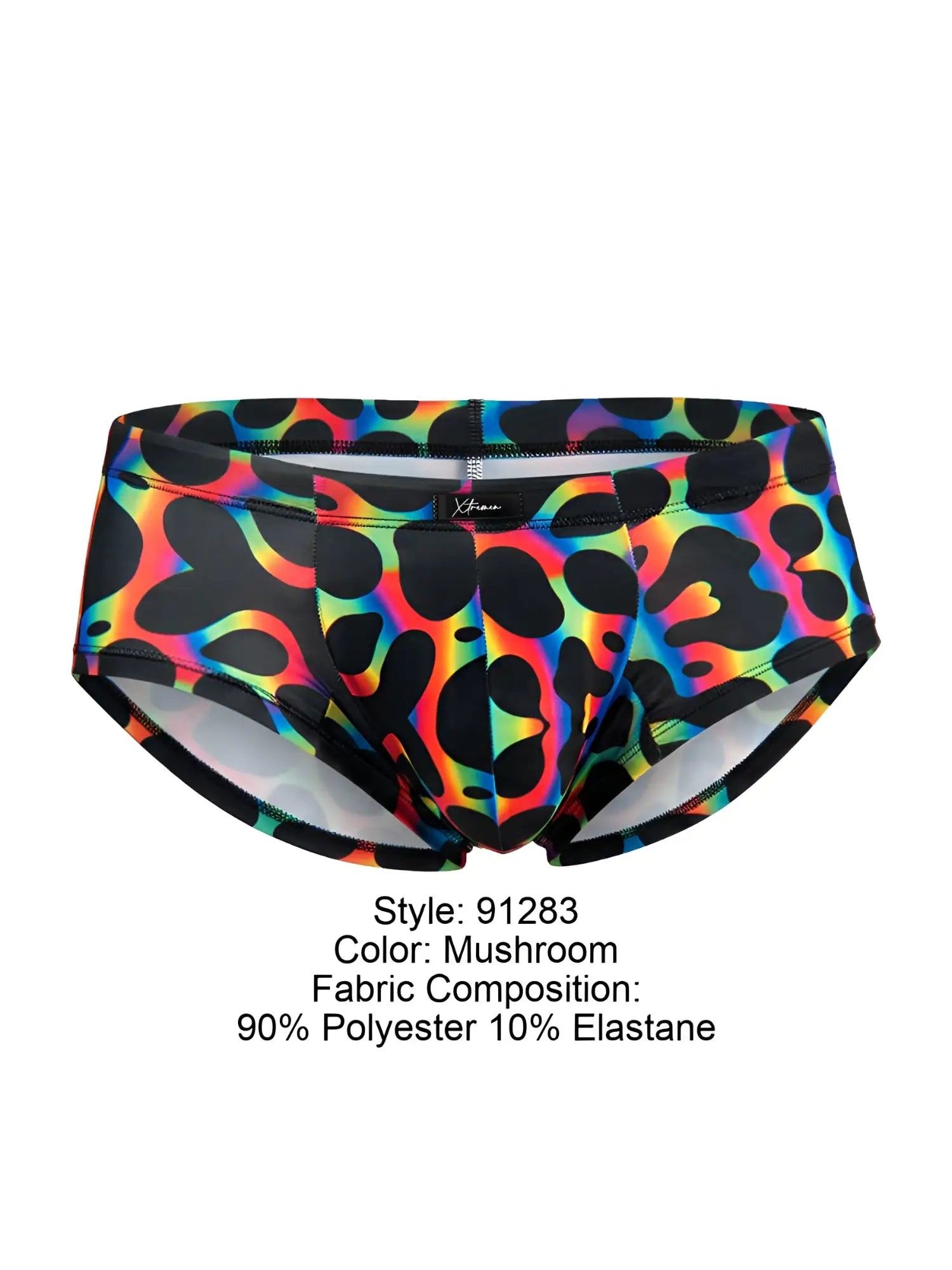 Xtremen 91283 rainbow printed microfiber briefs with vibrant rainbow leopard print in mushroom colorway made of polyester elastane