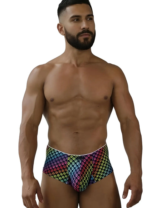 Xtremen 91283 rainbow printed microfiber briefs featuring a rainbow geometric pattern and paw print design