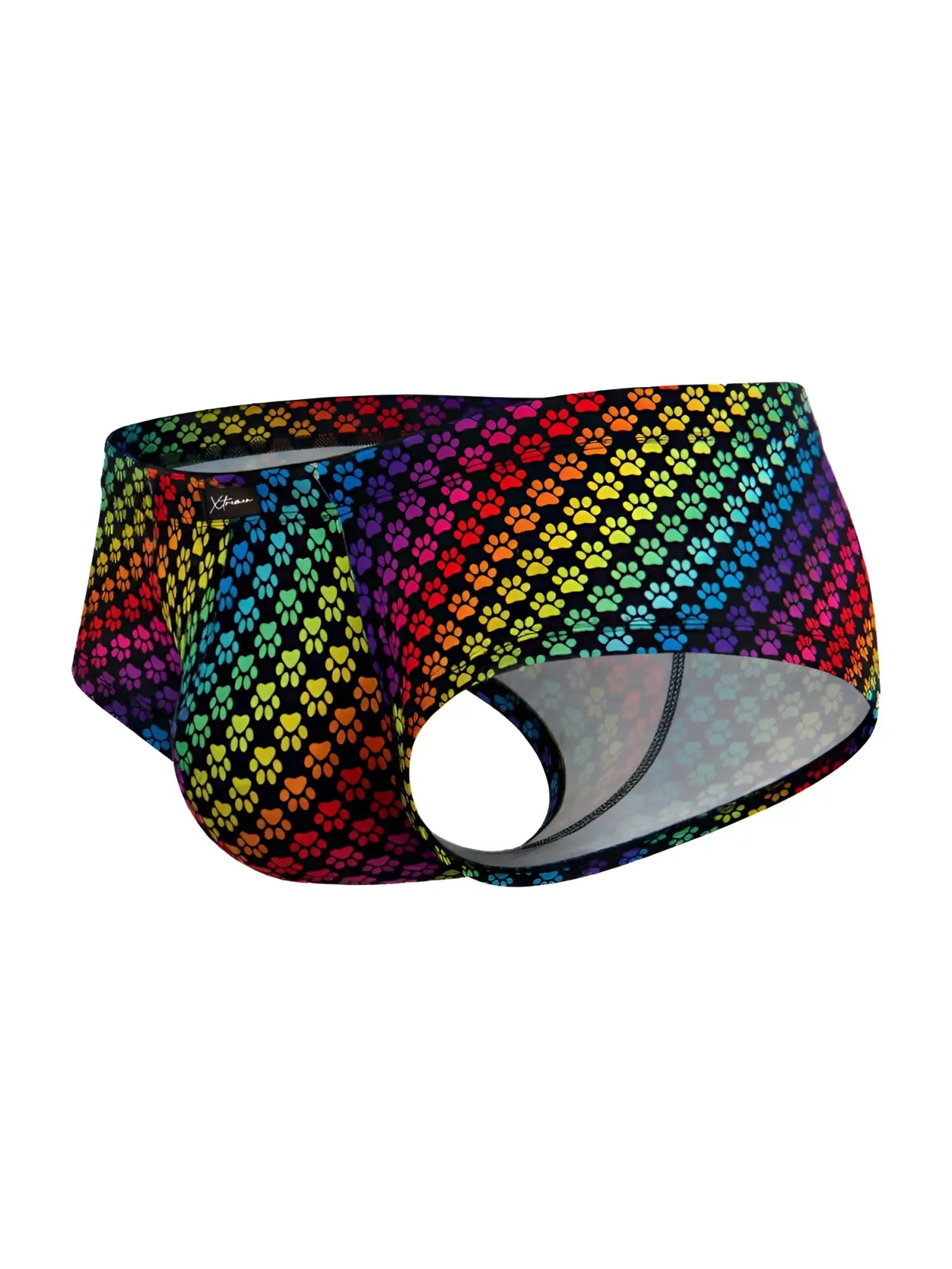Xtremen 91283 rainbow printed microfiber briefs in vibrant colors with a playful paw print pattern across the fabric