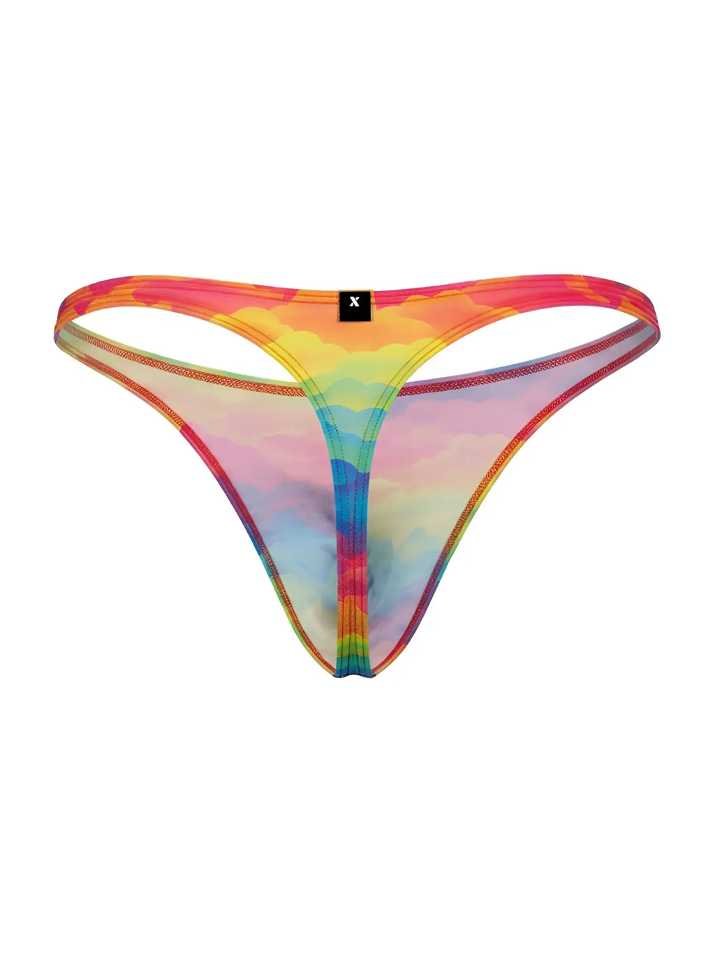 Rainbow tie-dye mesh thong with black brand tag on waistband from Xtremen 91284 printed microfiber thongs color cloud