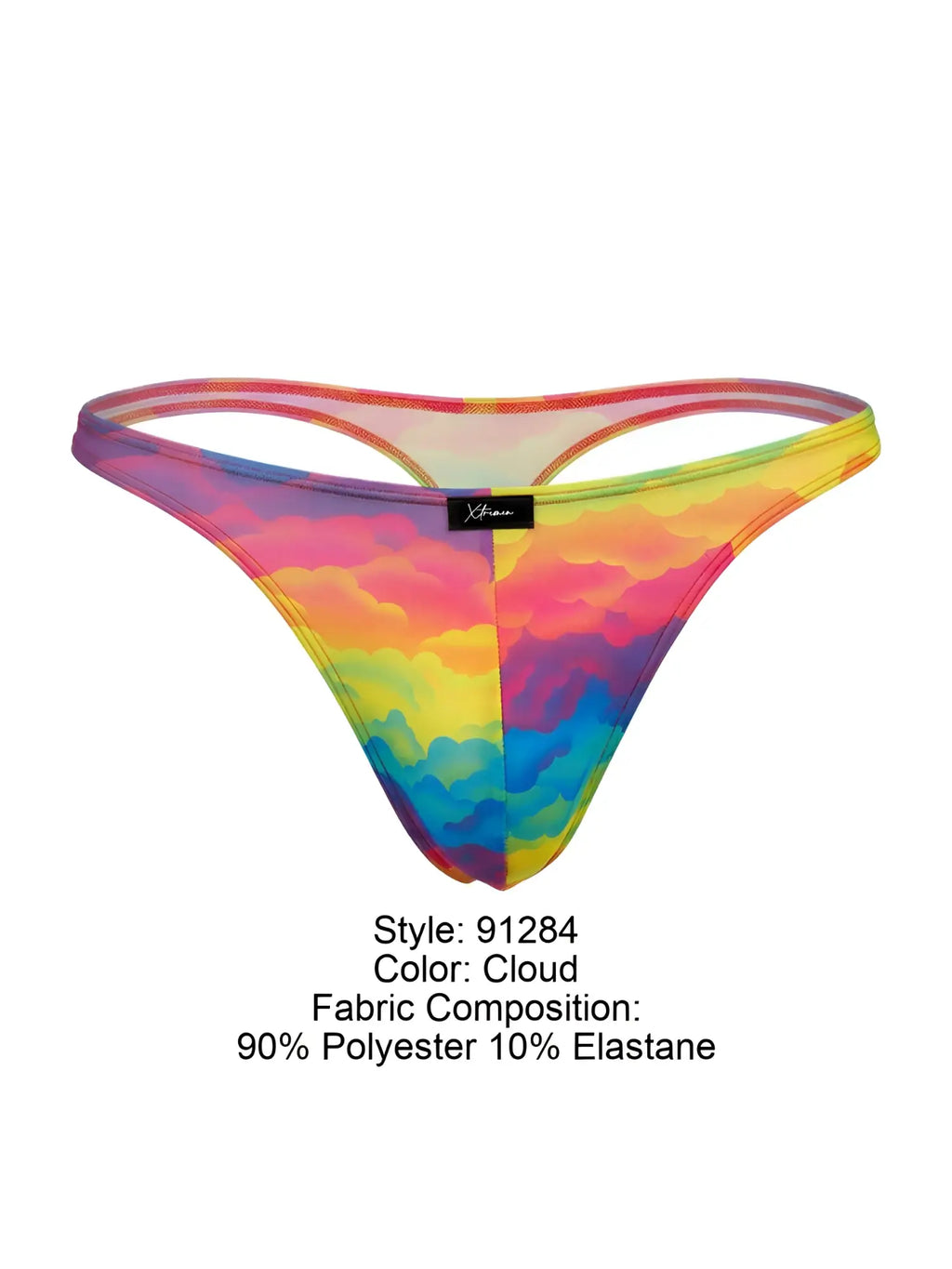 Vibrant rainbow cloud-patterned xtremen 91284 thong made of 90% polyester 10% elastane with a sleek form-fitting design