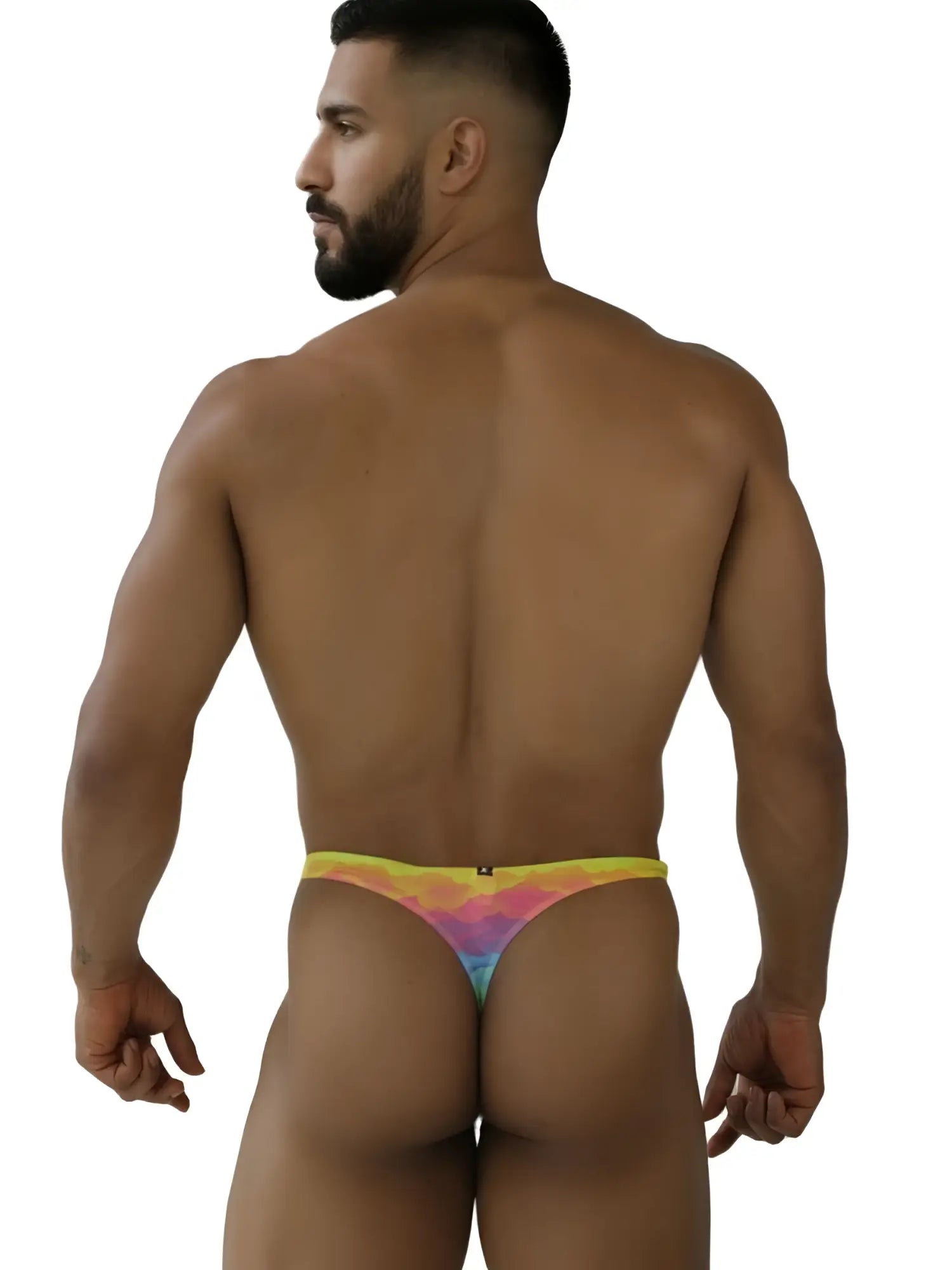 A vibrant rainbow tie-dye microfiber thong with a snug form-fitting design from xtremen 91284 color cloud collection