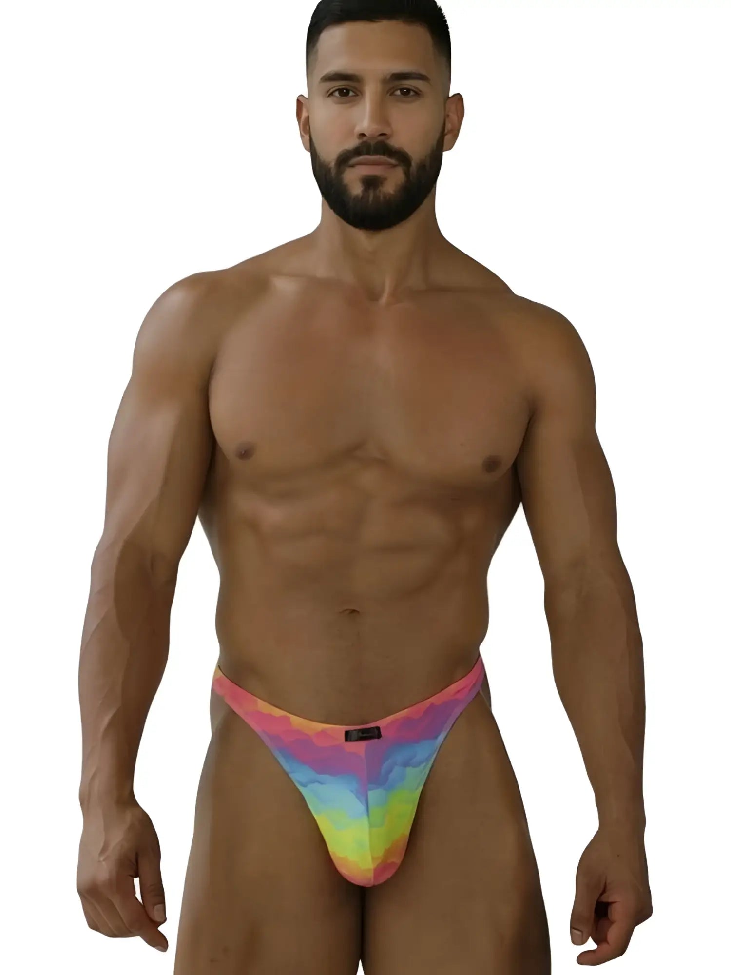 Vibrant tie-dye printed microfiber men’s thong in rainbow hues from xtremen 91284 color cloud collection
