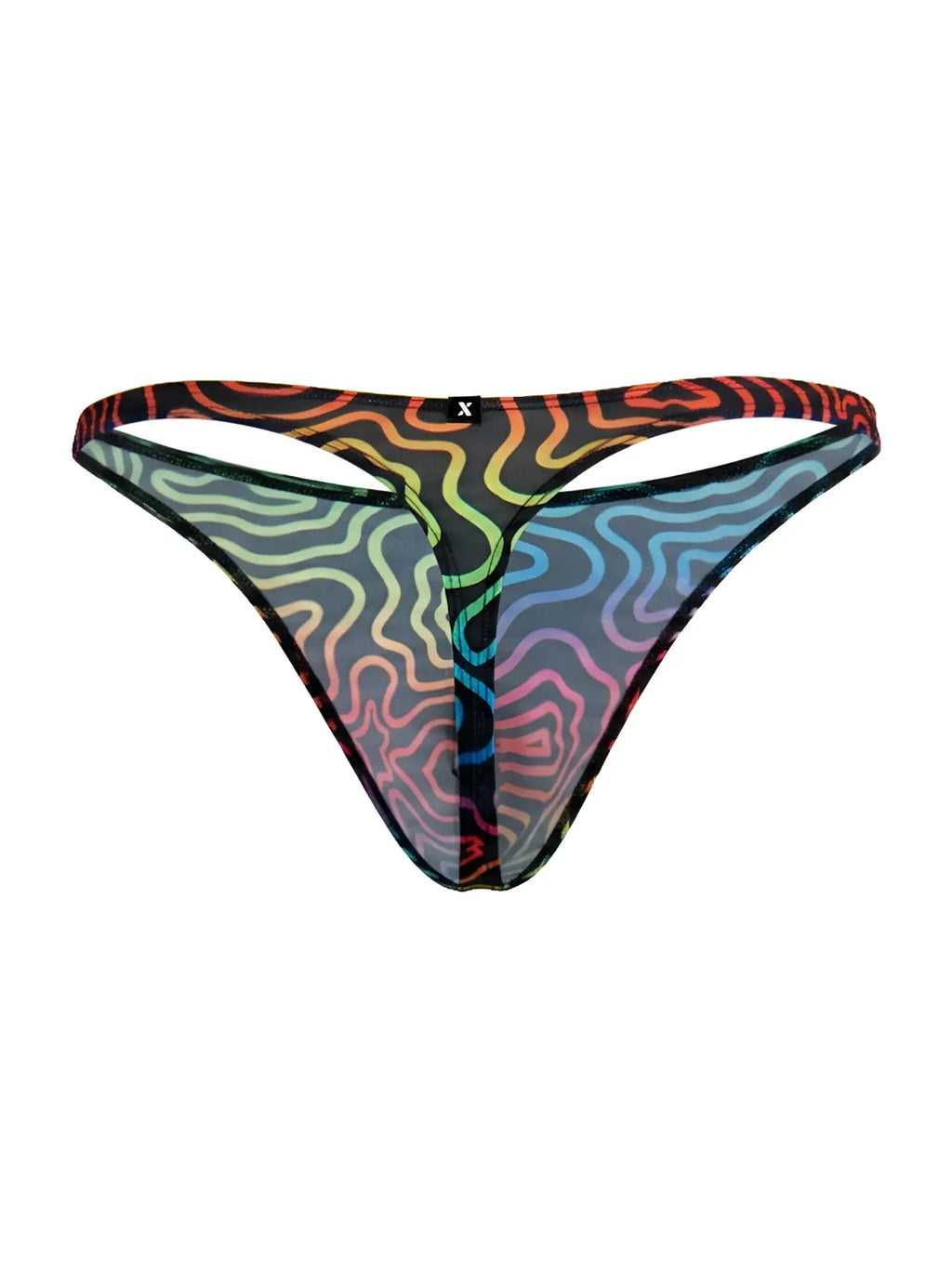 Xtremen 91284 printed microfiber thong in rainbow sheer mesh with wavy pattern and black trim front view