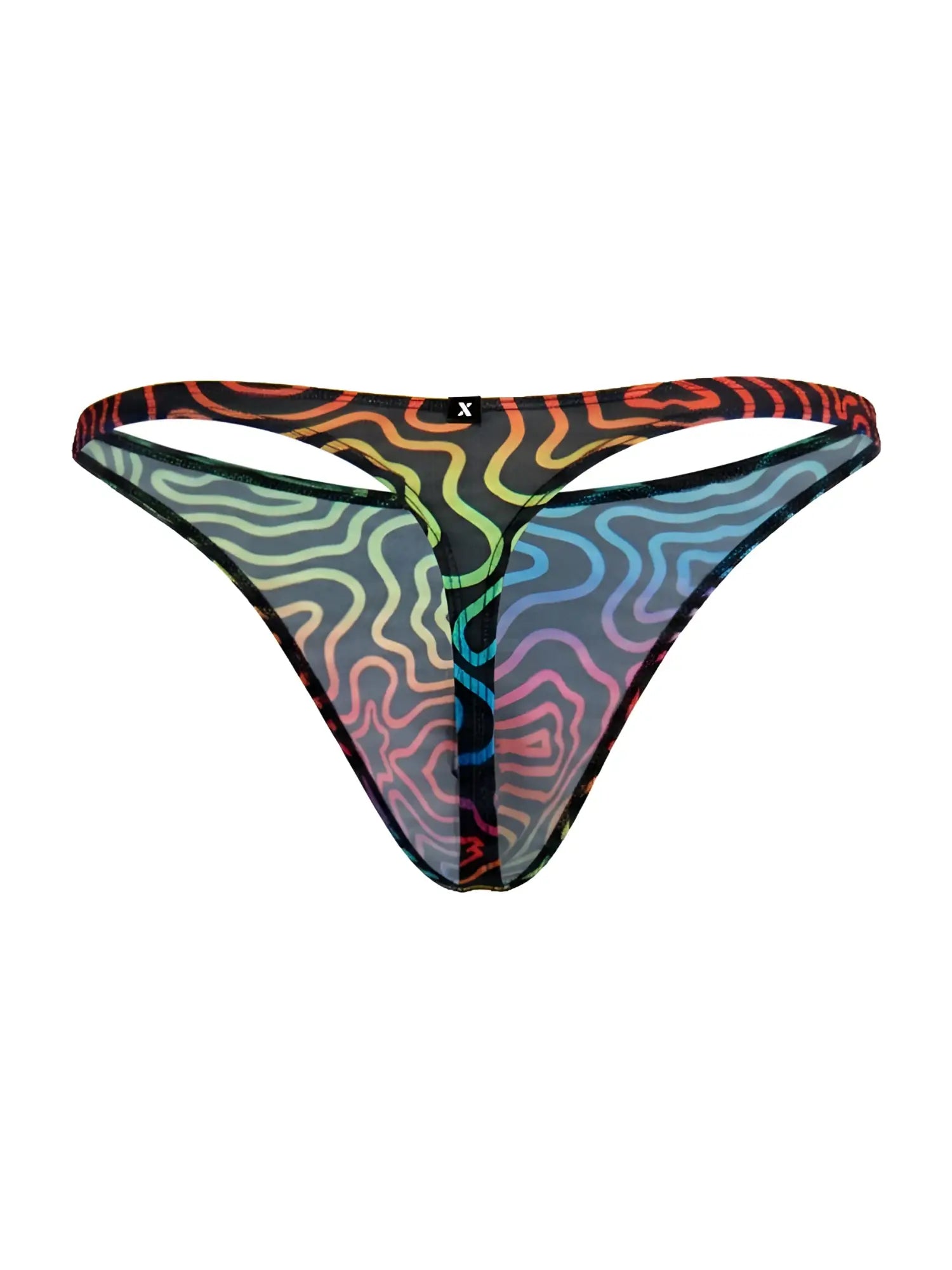 Xtremen 91284 printed microfiber thong in rainbow sheer mesh with wavy pattern and black trim front view