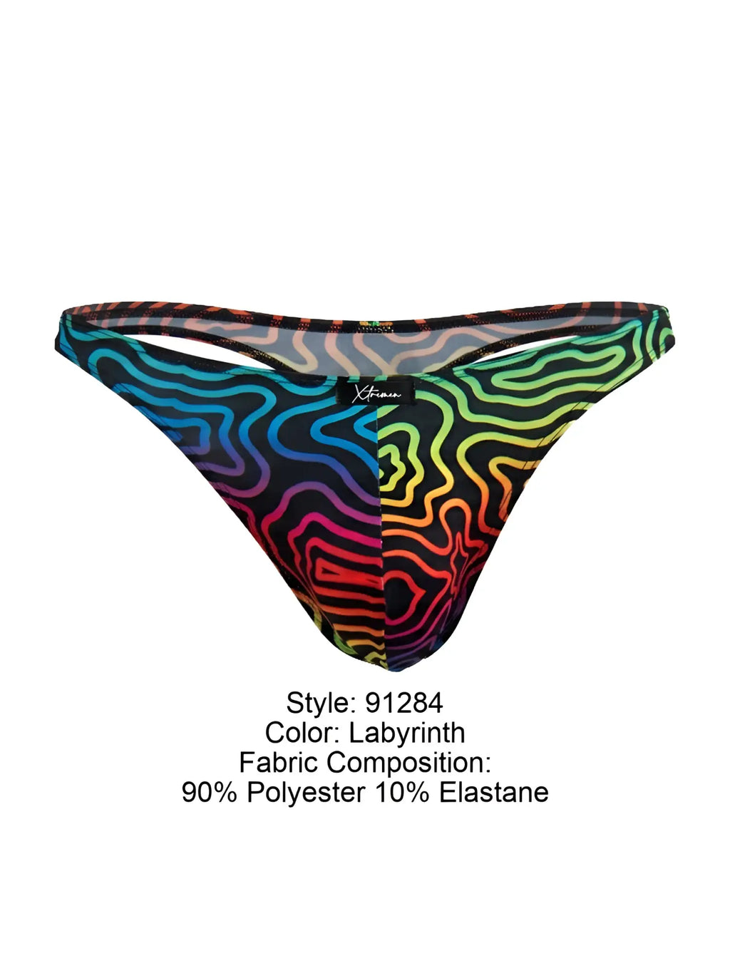 Xtremen 91284 printed microfiber thong with rainbow wavy pattern on black base made of polyester and elastane blend