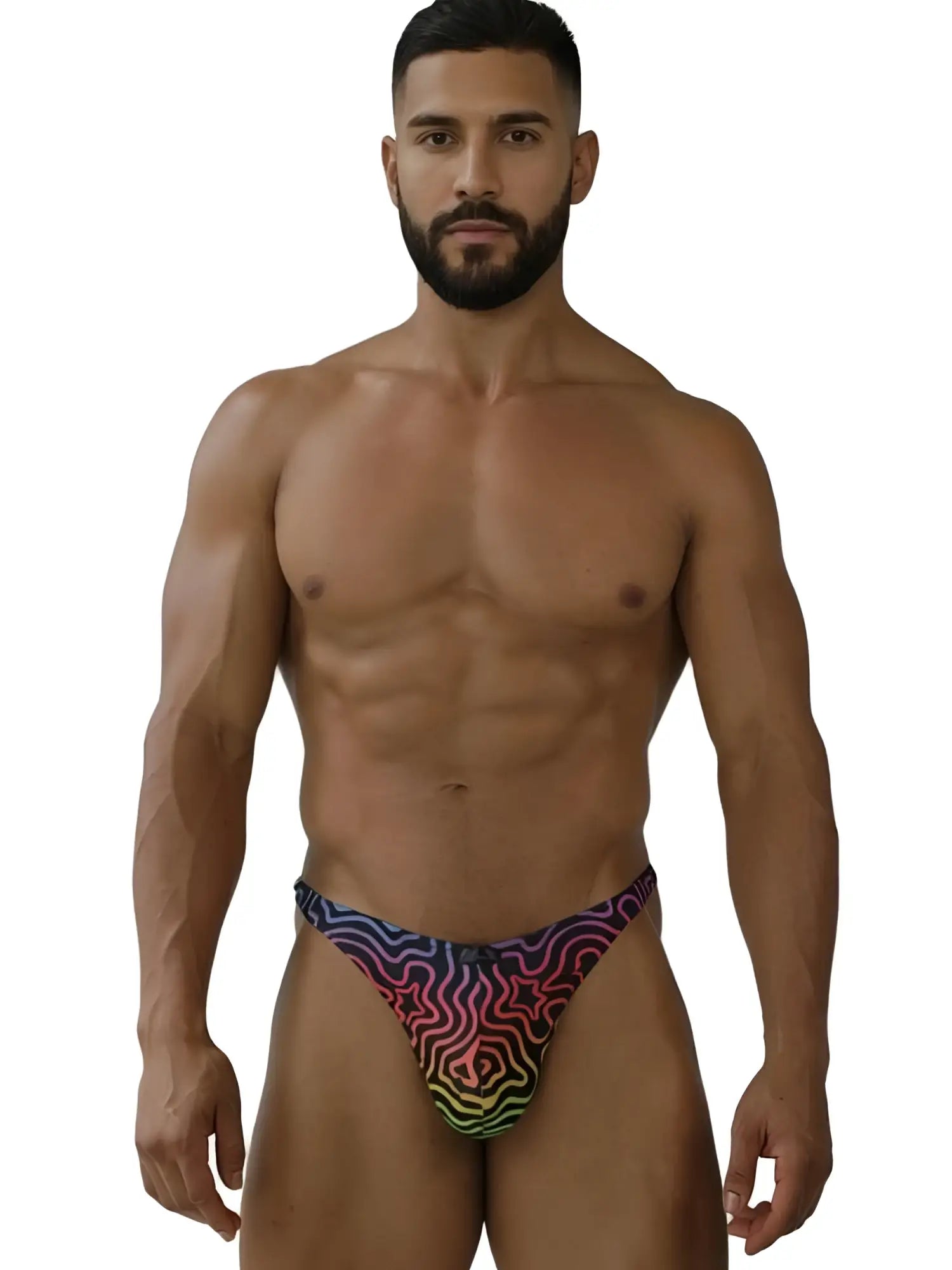 Xtremen 91284 printed microfiber thong with vibrant psychedelic rainbow gradient and starburst pattern
