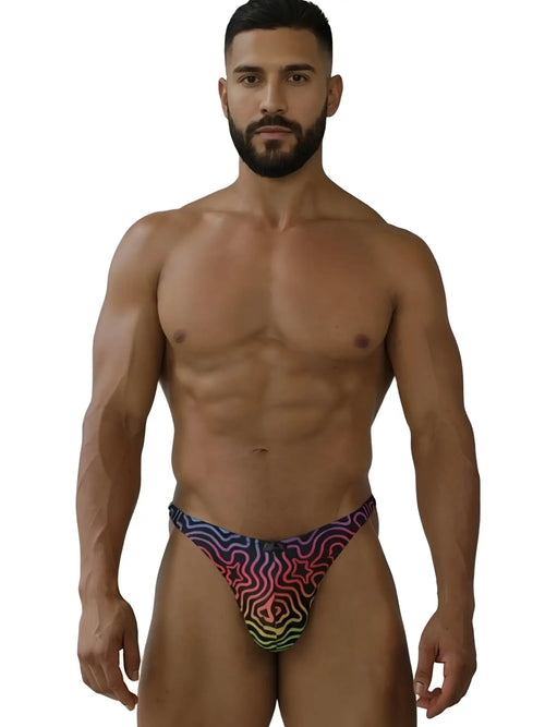 Xtremen 91284 printed microfiber thong with vibrant psychedelic rainbow gradient and starburst pattern