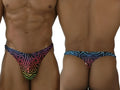 Xtremen 91284 printed microfiber thong with vibrant psychedelic rainbow gradient and bold black wavy lines front view