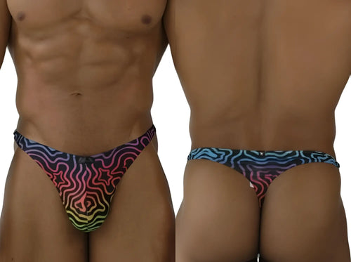 Xtremen 91284 printed microfiber thong with vibrant psychedelic rainbow gradient and bold black wavy lines front view