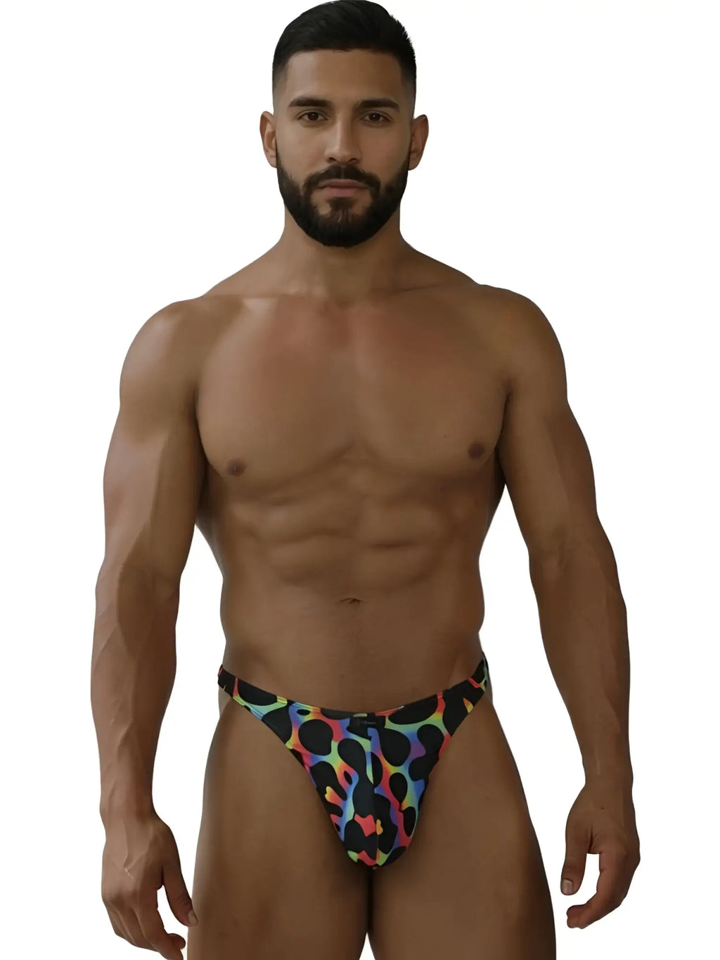 Xtremen 91284 men’s colorful leopard-print microfiber thong with vibrant multicolored pattern on black fabric