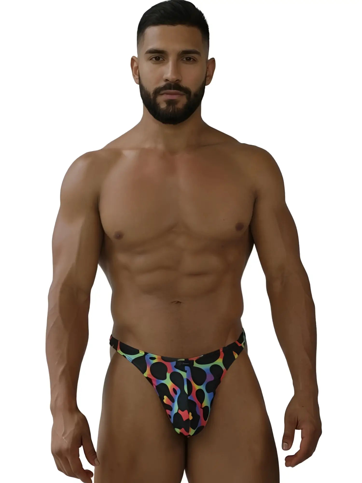 Xtremen 91284 men’s colorful leopard-print microfiber thong with vibrant multicolored pattern on black fabric
