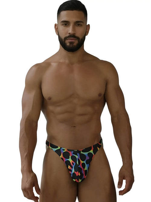 Xtremen 91284 men’s colorful leopard-print microfiber thong with vibrant multicolored pattern on black fabric