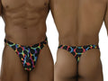 Xtremen 91284 printed microfiber thongs in vibrant rainbow with bold black leopard spots for swimwear use