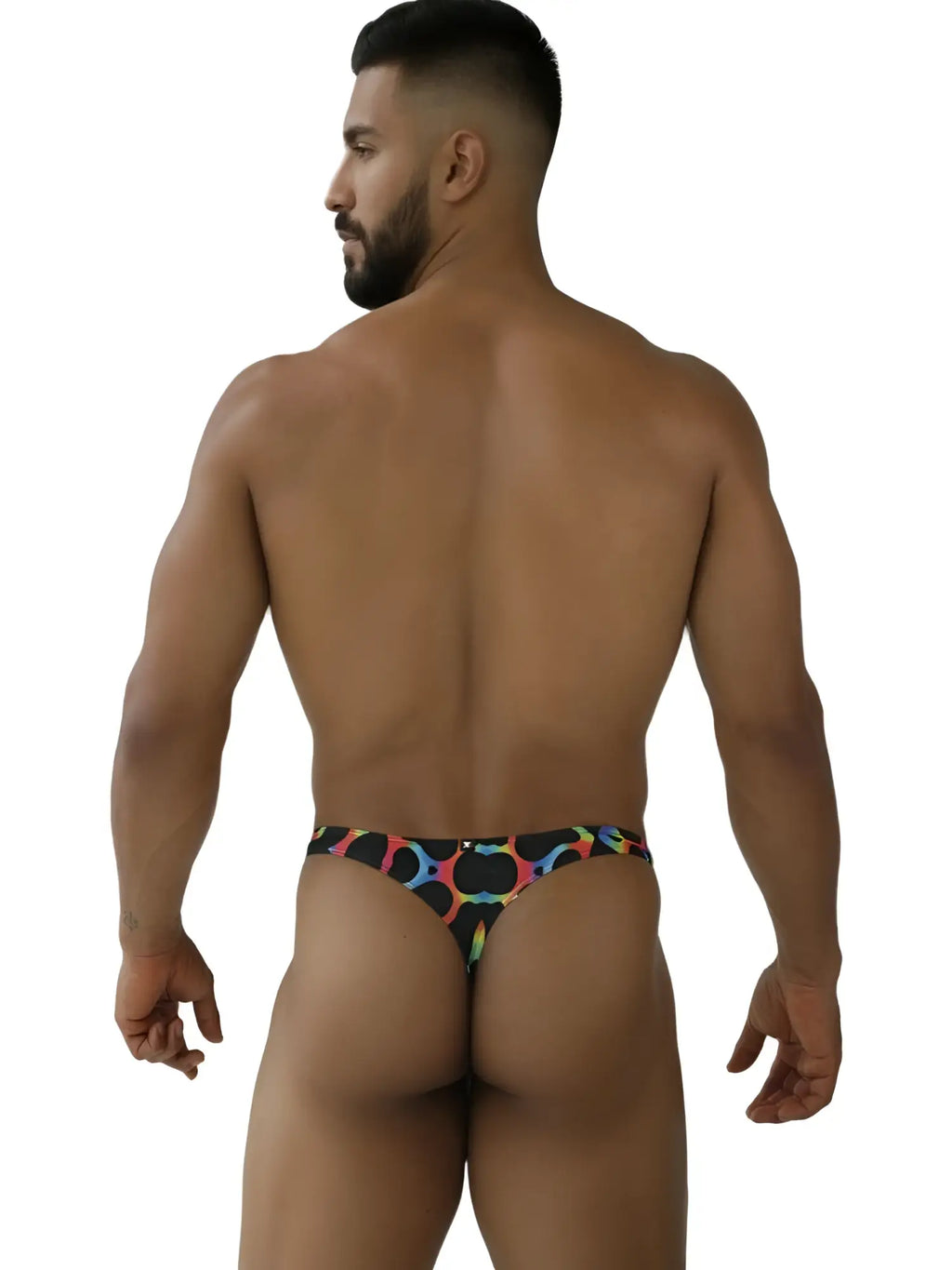 Xtremen 91284 printed microfiber thong in mushroom color with vibrant rainbow circular patterns on a black base
