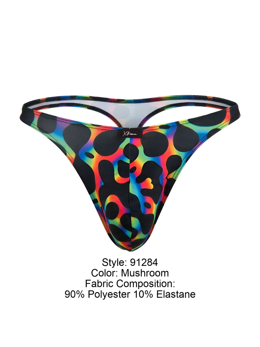 Xtremen 91284 vibrant rainbow leopard-print microfiber thong in mushroom colorway made of 90 polyester 10 elastane
