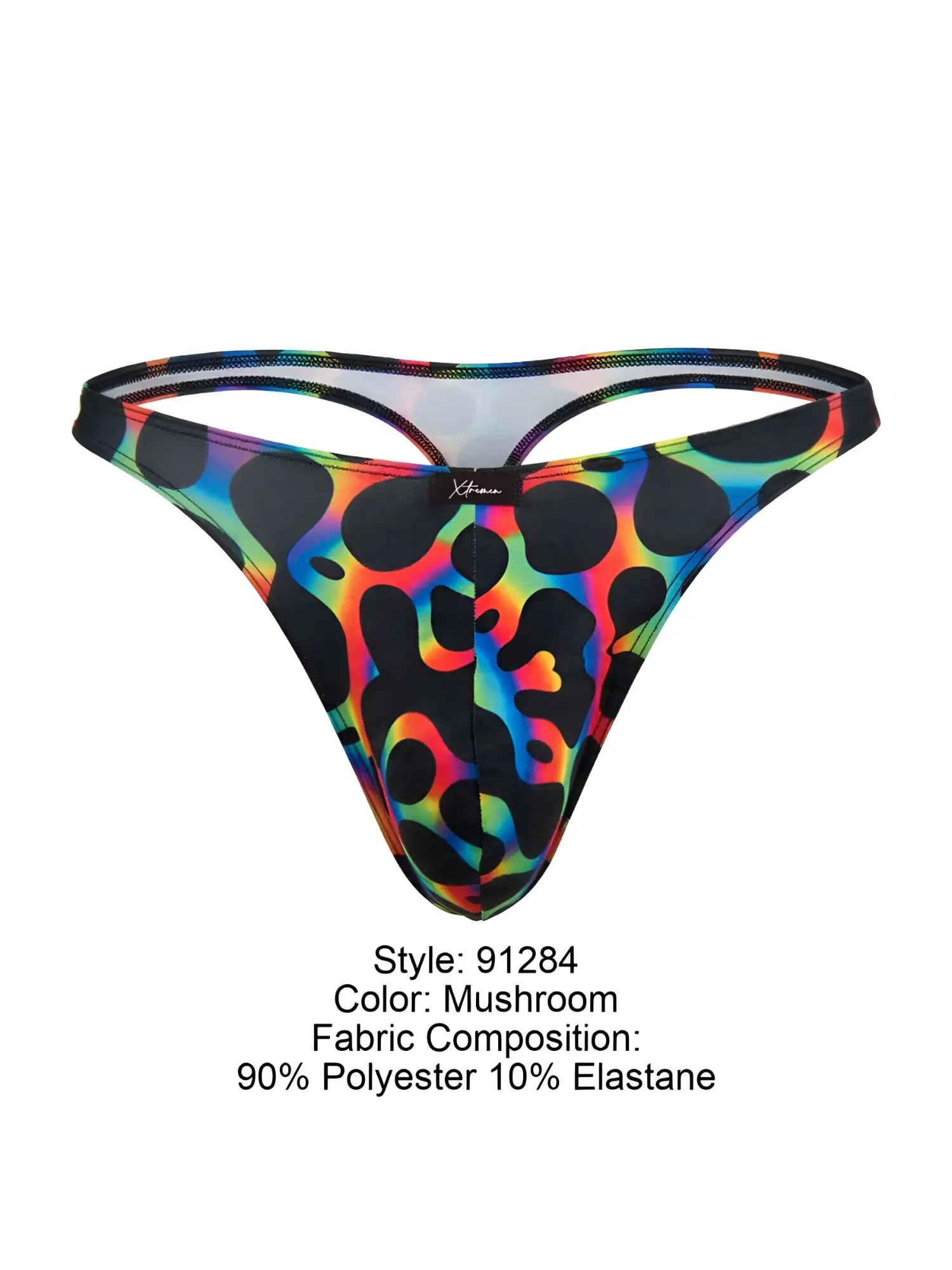 Xtremen 91284 vibrant rainbow leopard-print microfiber thong in mushroom colorway made of 90 polyester 10 elastane