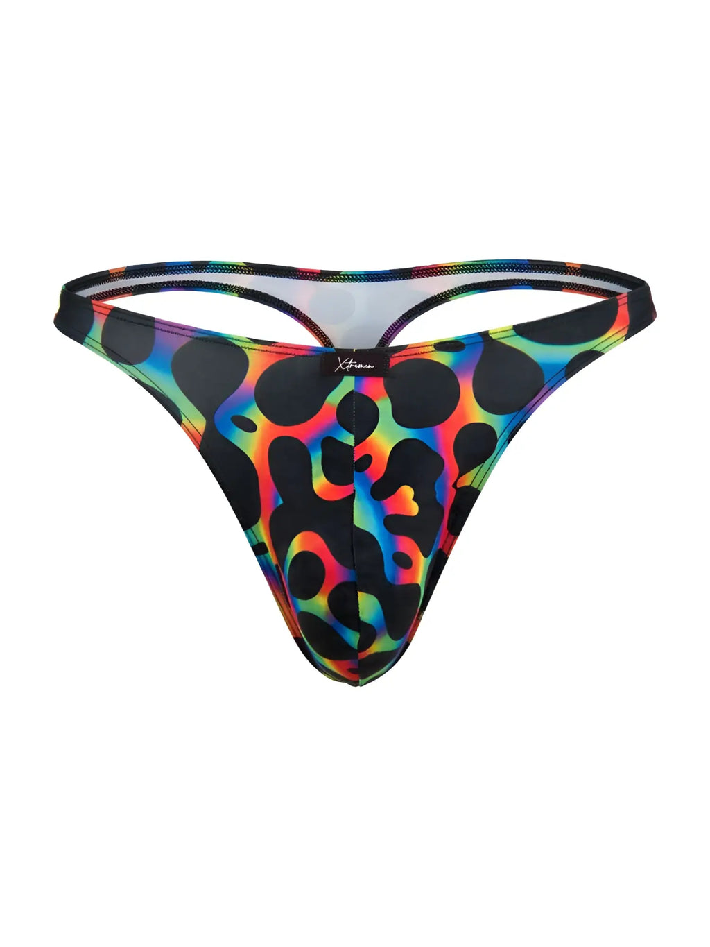 Vibrant rainbow leopard-print Xtremen 91284 microfiber thong with black spots and sleek form-fitting design in mushroom color