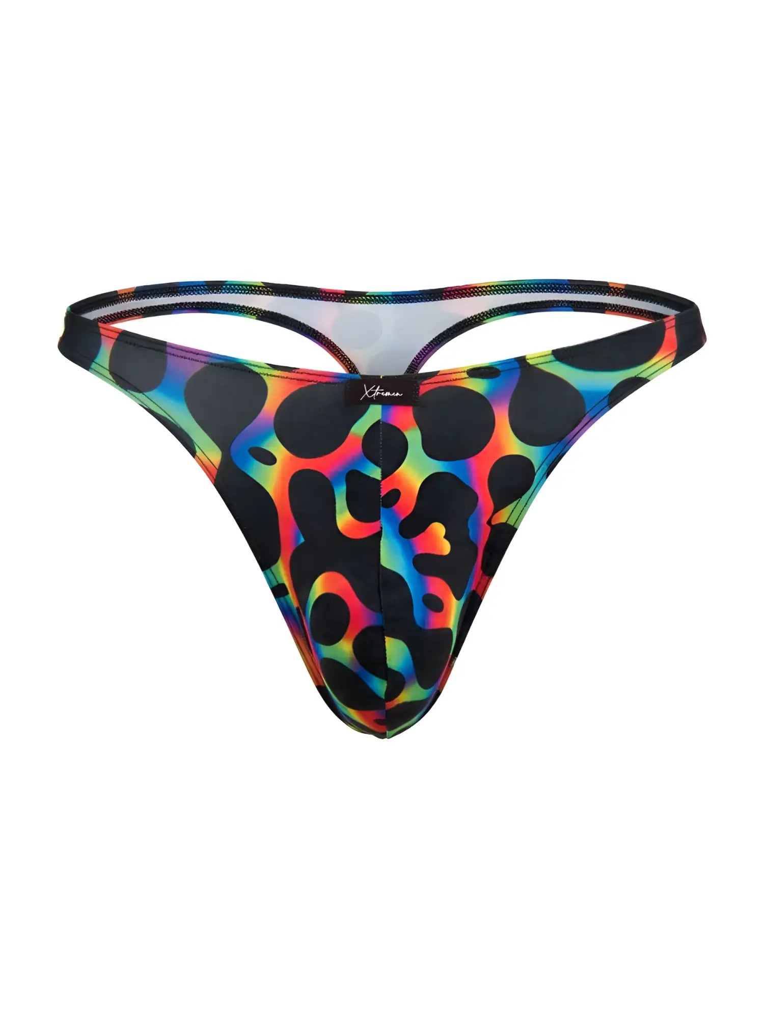 Vibrant rainbow leopard-print Xtremen 91284 microfiber thong with black spots and sleek form-fitting design in mushroom color