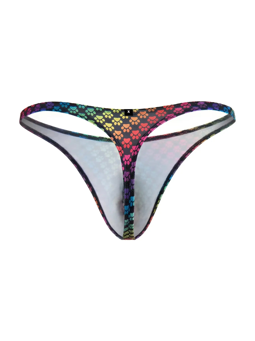 Xtremen 91284 printed microfiber thong with rainbow paw print pattern and black trim in sheer fabric