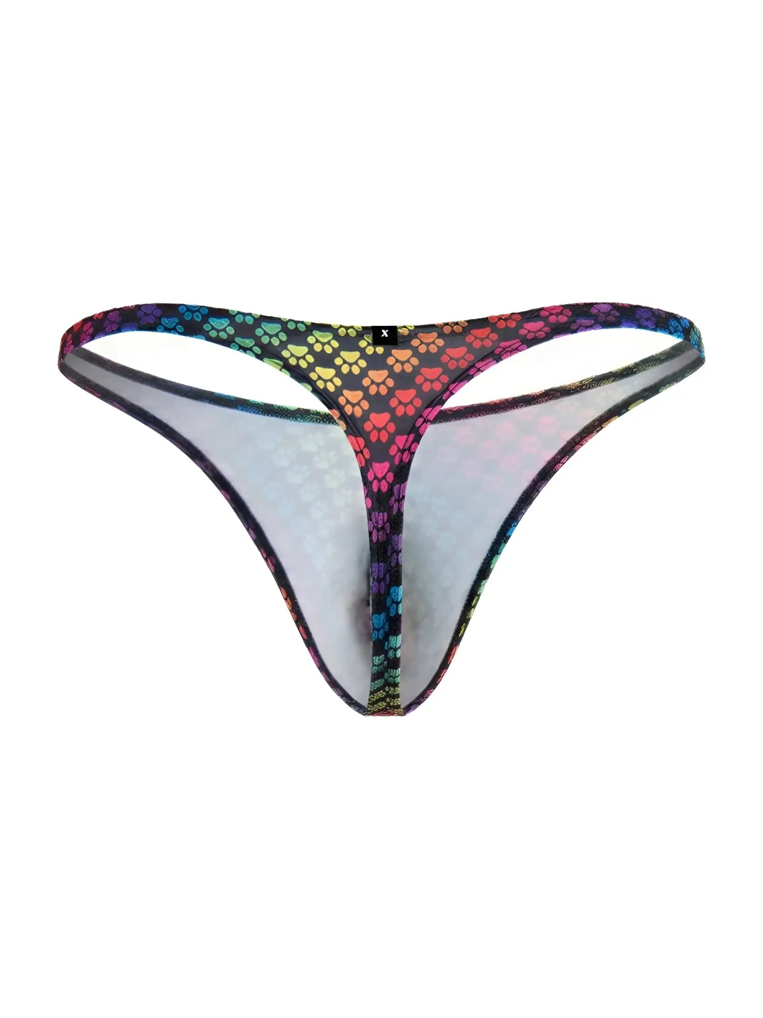 Xtremen 91284 printed microfiber thong with rainbow paw print pattern and black trim in sheer fabric