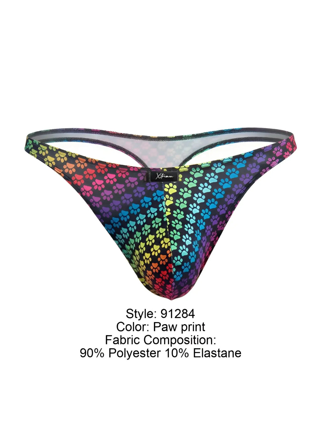 Xtremen 91284 rainbow-colored microfiber thong with playful paw print pattern made of 90 polyester and 10 elastane