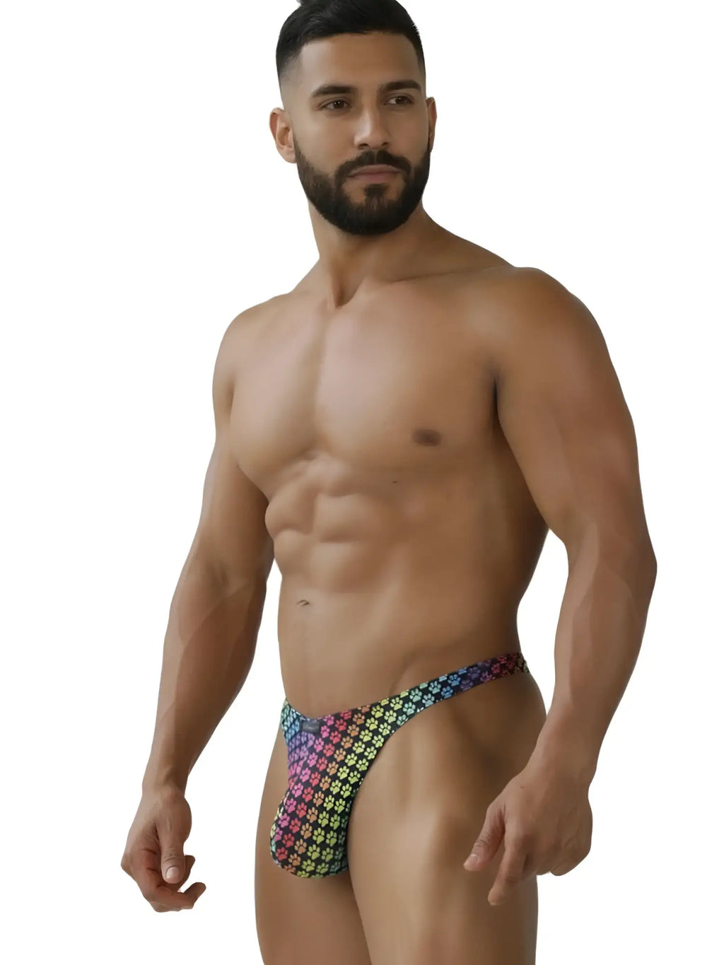 A vibrant rainbow-colored xtremen 91284 printed microfiber thong with a geometric paw print pattern