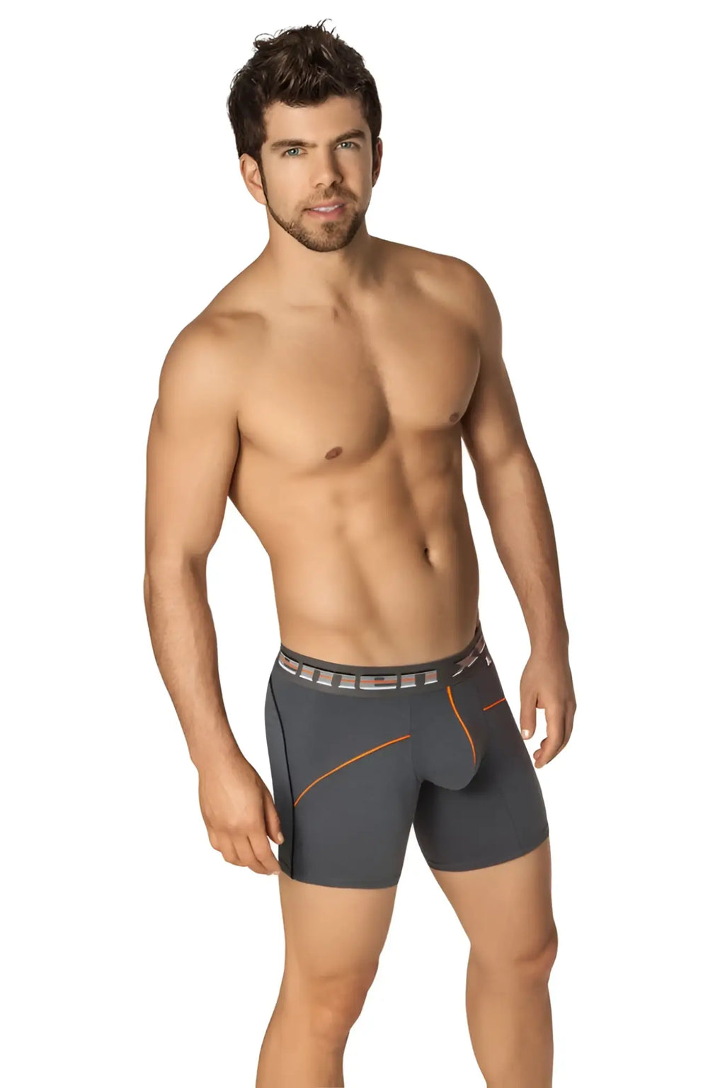 Dark gray xtremen cotton sport boxer briefs with orange stitching and patterned waistband size s in front view