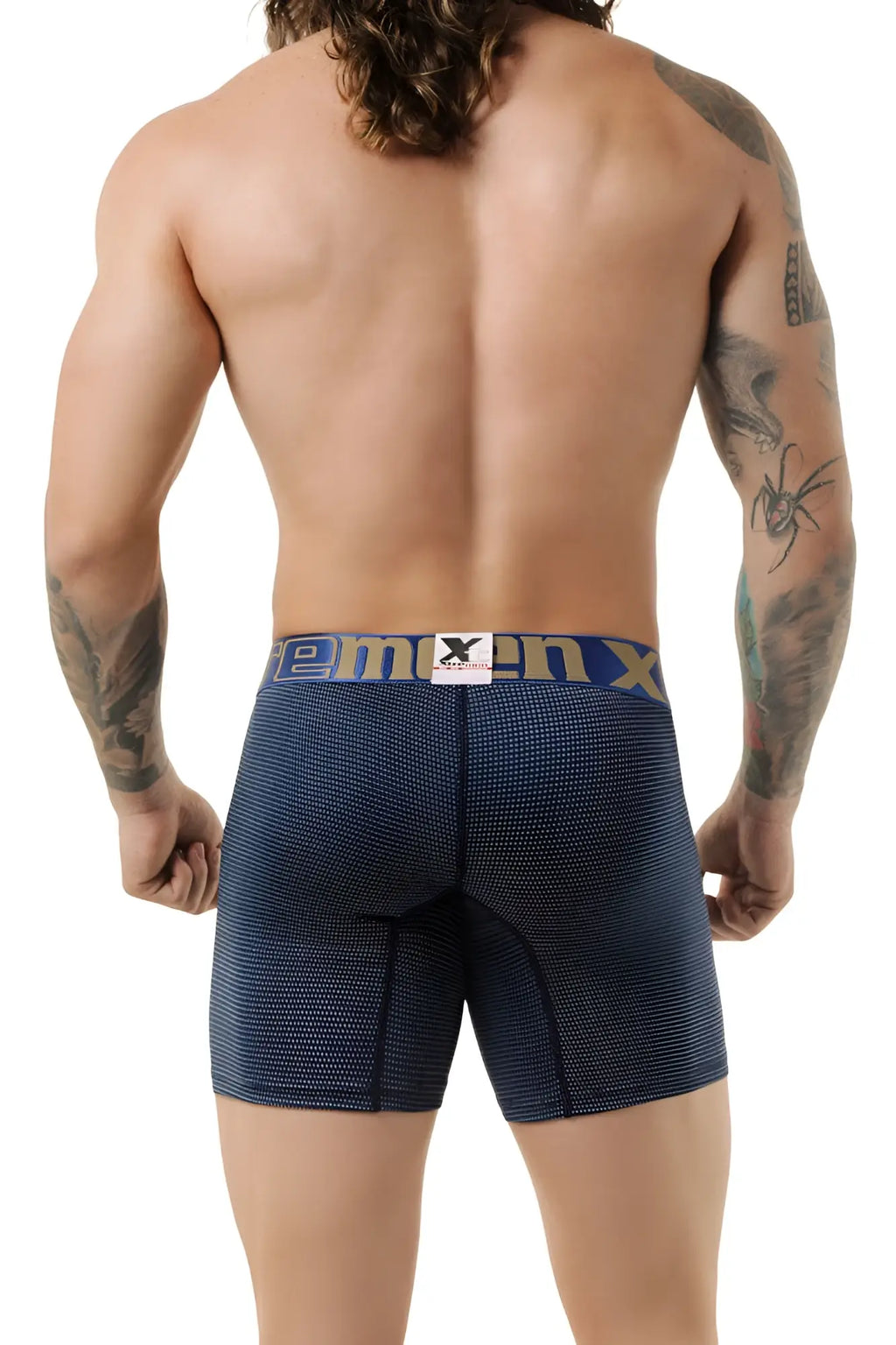 Navy blue textured Xtremen performance microfiber long boxer briefs with royal blue waistband and x men logo size L