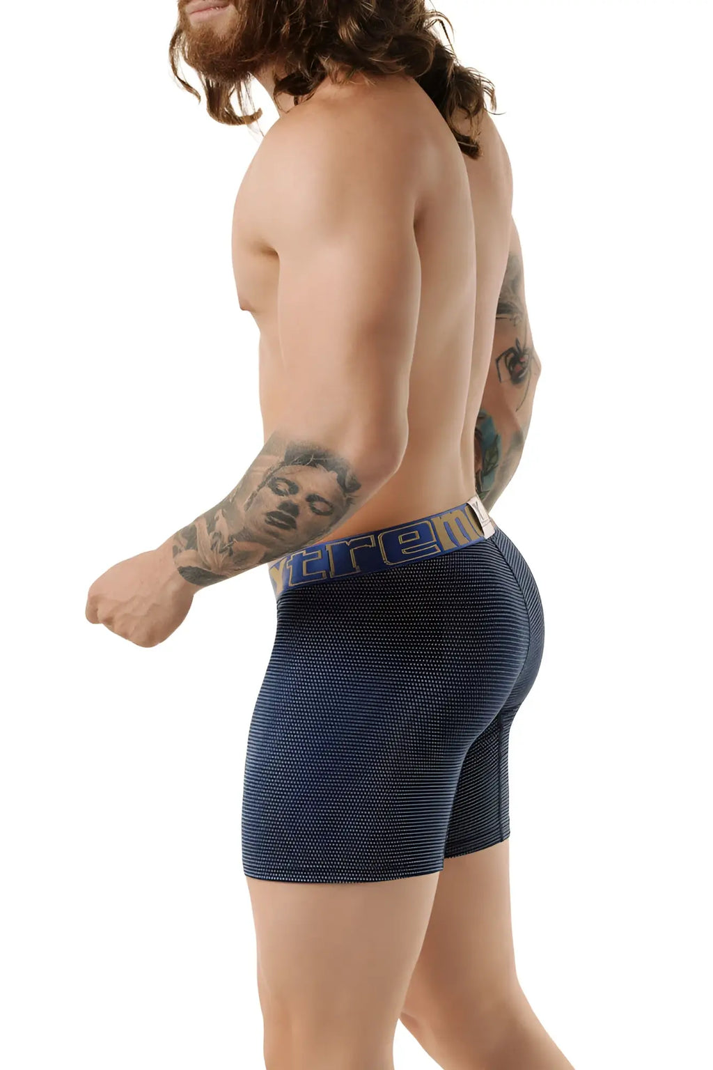 Navy blue xtremen performance microfiber long boxer briefs with white and blue vere elastic waistband size L