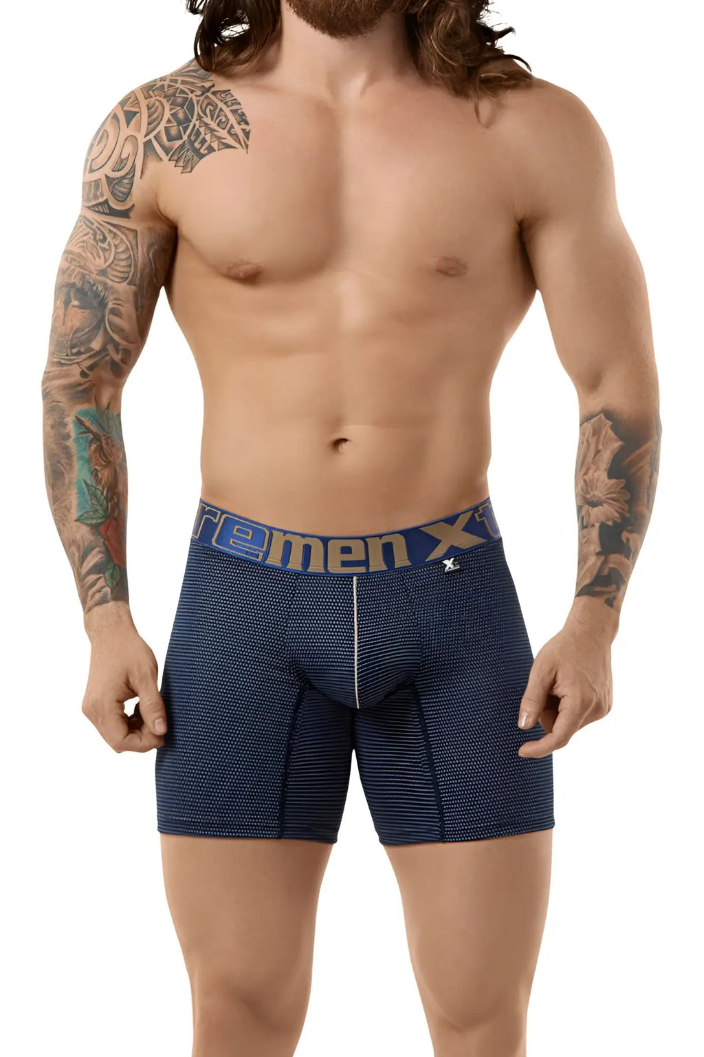 Navy blue textured xtremen performance microfiber long boxer briefs with light gray remen x waistband size L