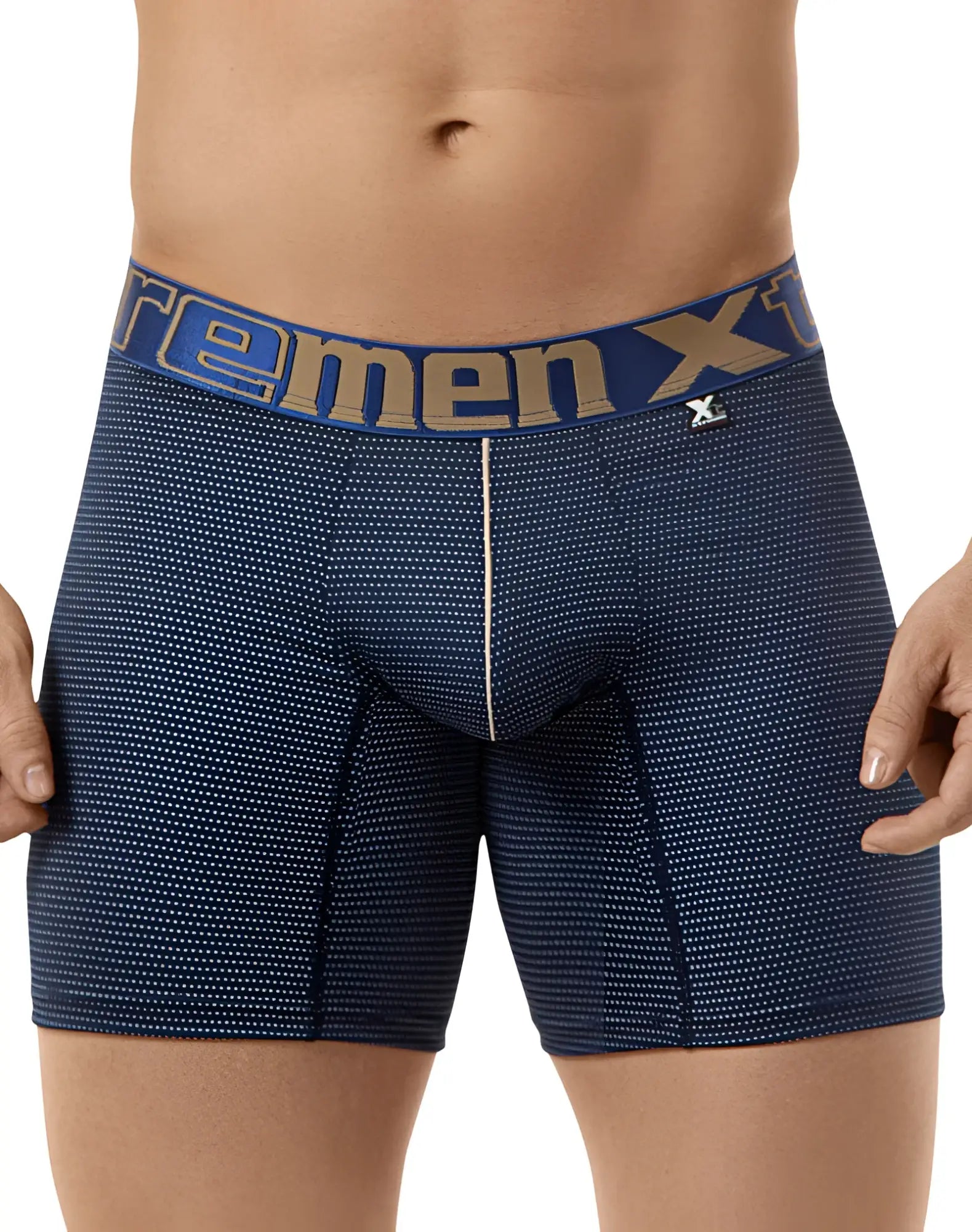 Navy blue textured xtremen performance microfiber long boxer briefs with white seam and branded waistband size l