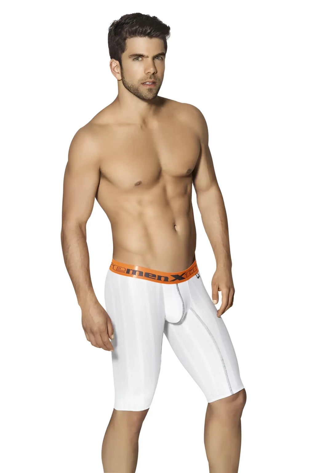 White men’s Xtremen sports microfiber stripe long boxer briefs with orange waistband and clemenx logo size L
