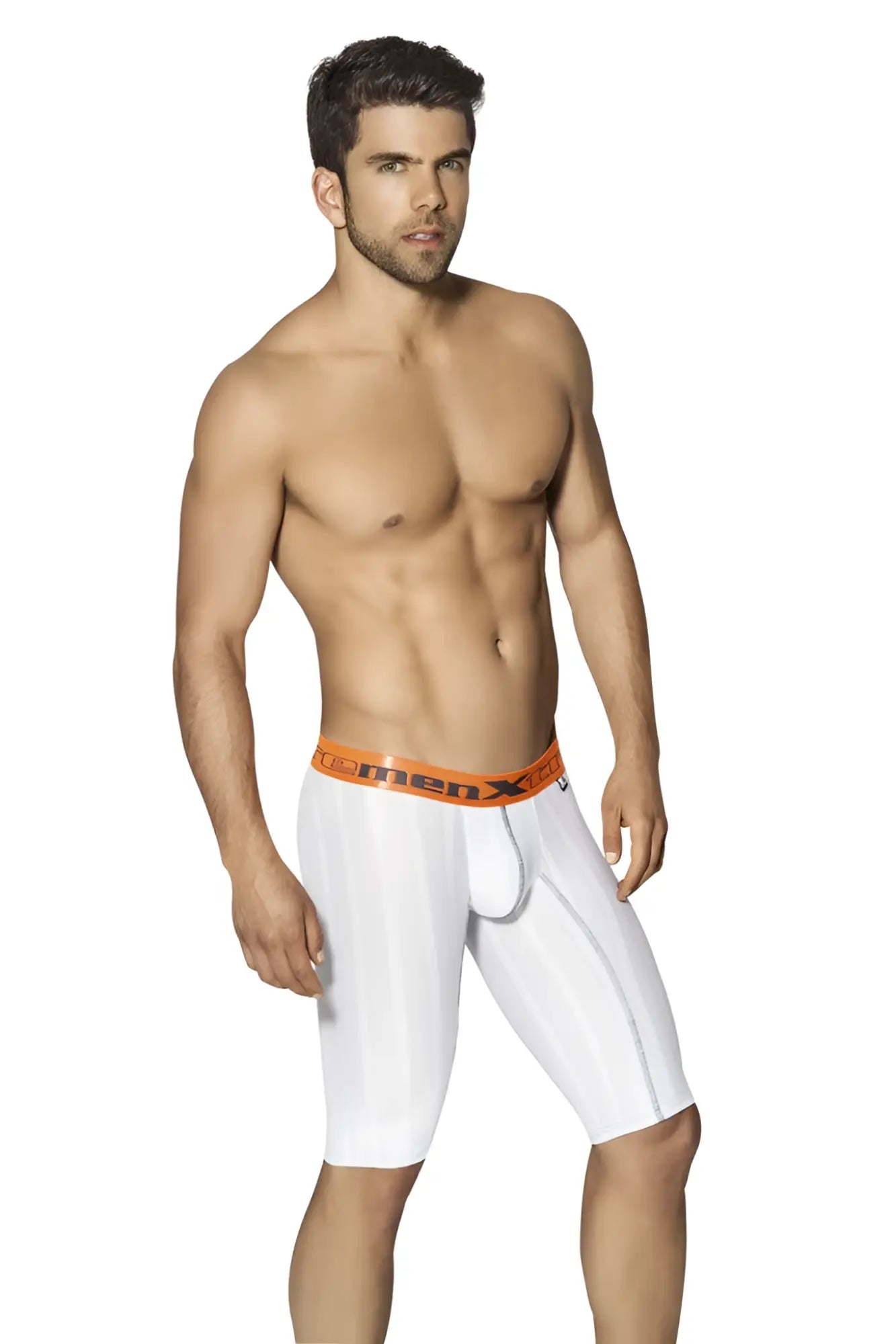 White men’s Xtremen sports microfiber stripe long boxer briefs with orange waistband and clemenx logo size L