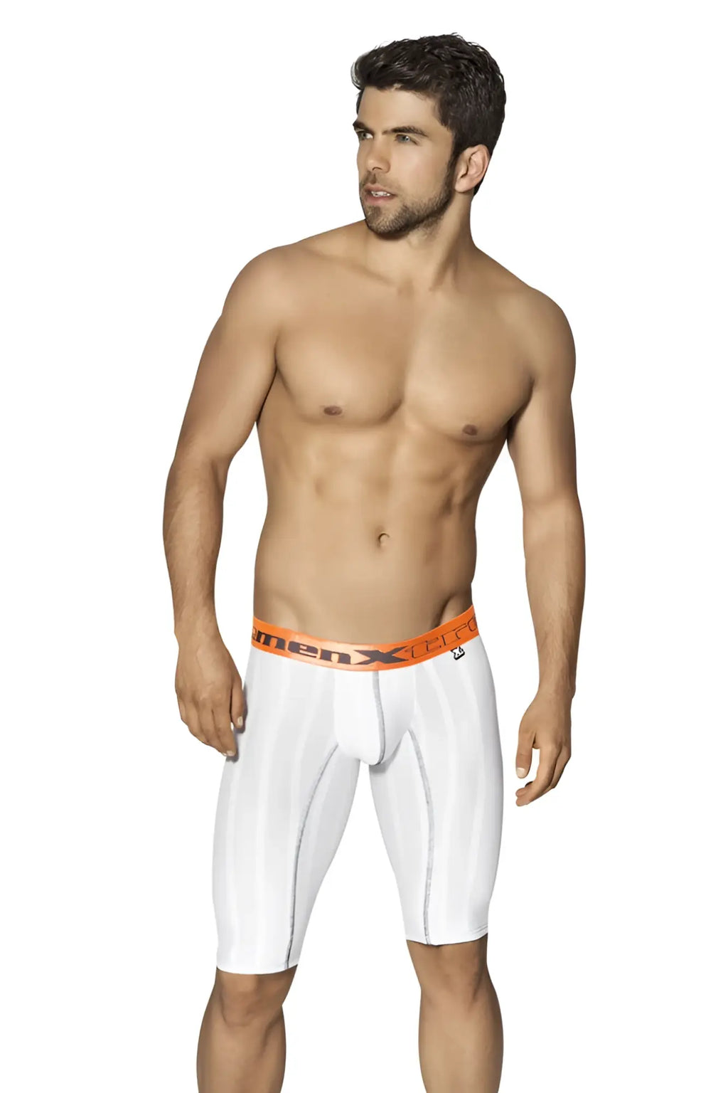 White xtremen sports microfiber compression shorts with orange waistband and menx logo size large