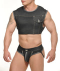 Black denim Yannick muscle top crop with front pocket and silver stitching details
