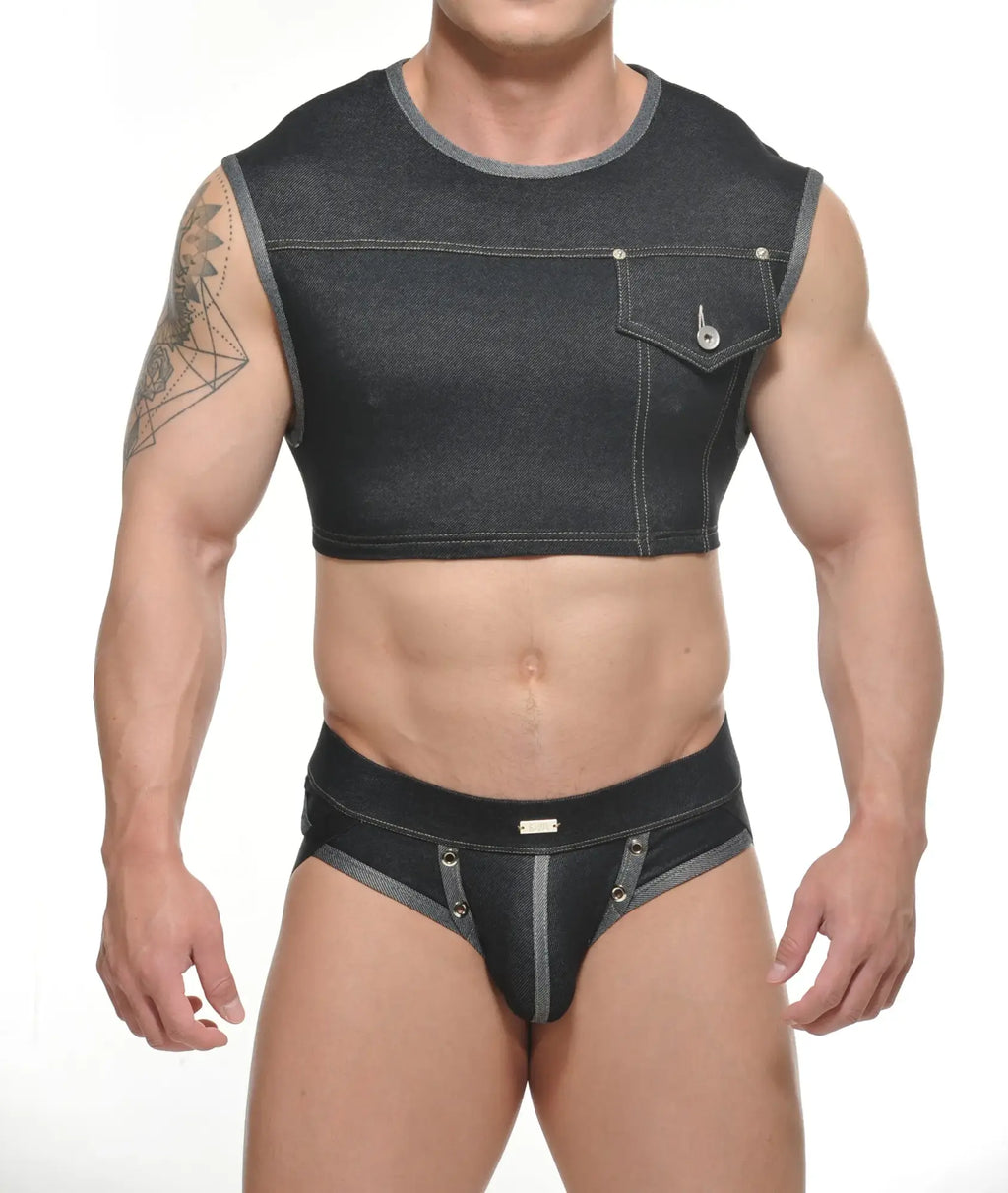 Black denim yannick muscle top with front pocket and matching briefs featuring silver toned hardware