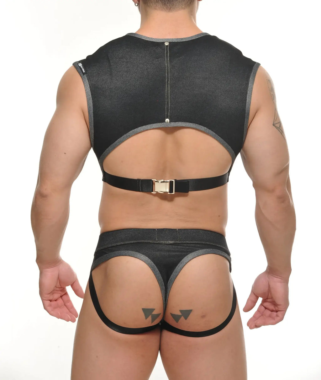 Black denim-like fabric yannick muscle top harness with gray trim and gold-toned buckle