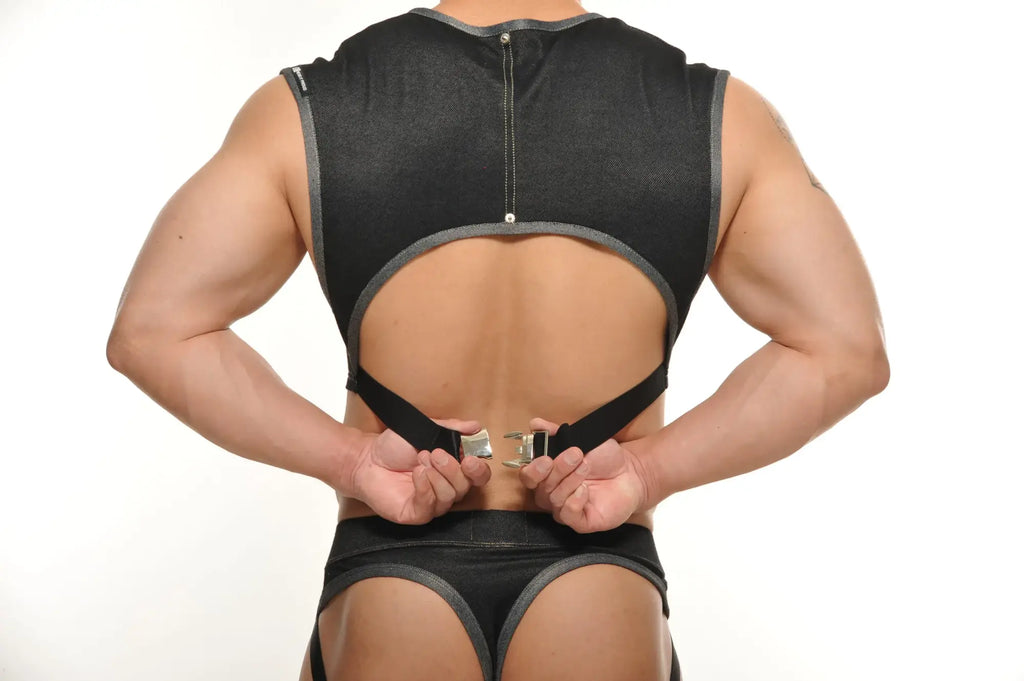 Black mesh backless Yannick muscle top with gray trim and adjustable straps for athletic wear from the back side