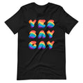 Black short-sleeved t-shirt featuring yes say gay phrase in bold rainbow gradient letters for pride and inclusivity