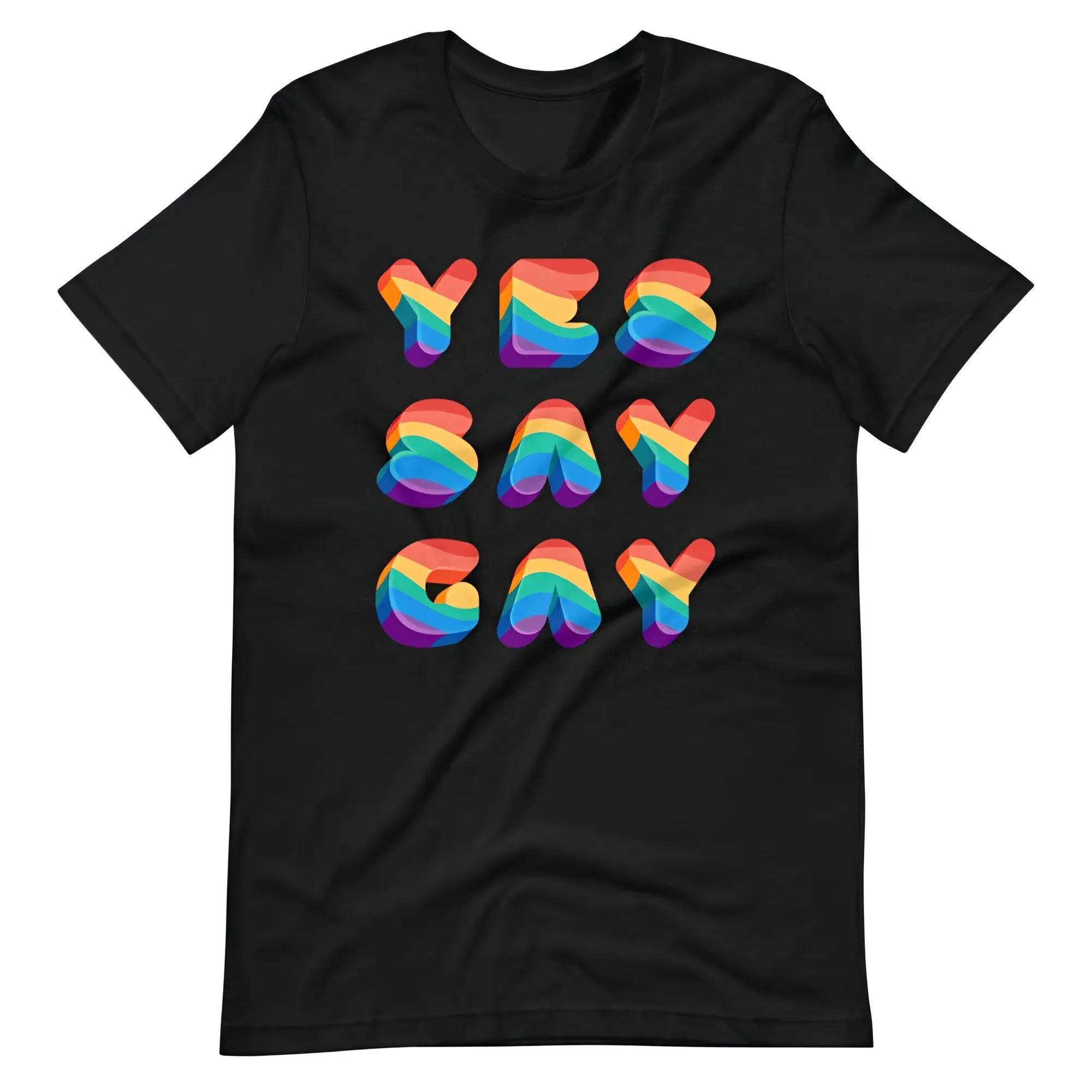 Black short-sleeved t-shirt featuring yes say gay phrase in bold rainbow gradient letters for pride and inclusivity