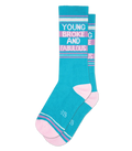 Young broke and fabulous crew socks with teal and pink stripes and white text printed on the front