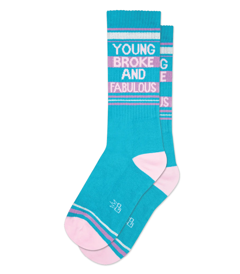Young broke and fabulous crew socks with teal and pink stripes and white text printed on the front