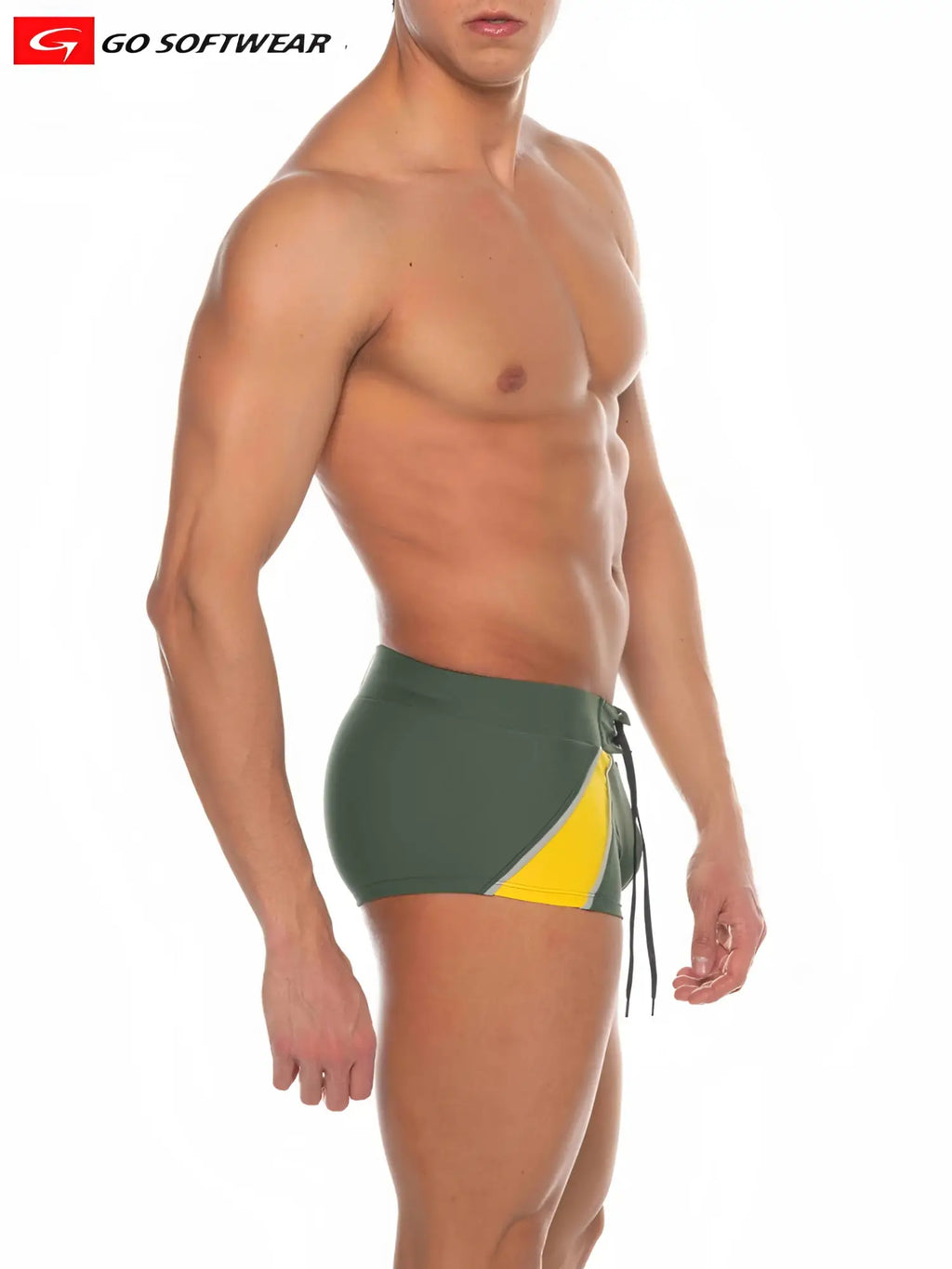 Men’s zanzibar square-cut swim trunks in olive green and yellow with side stripe and adjustable drawstrings