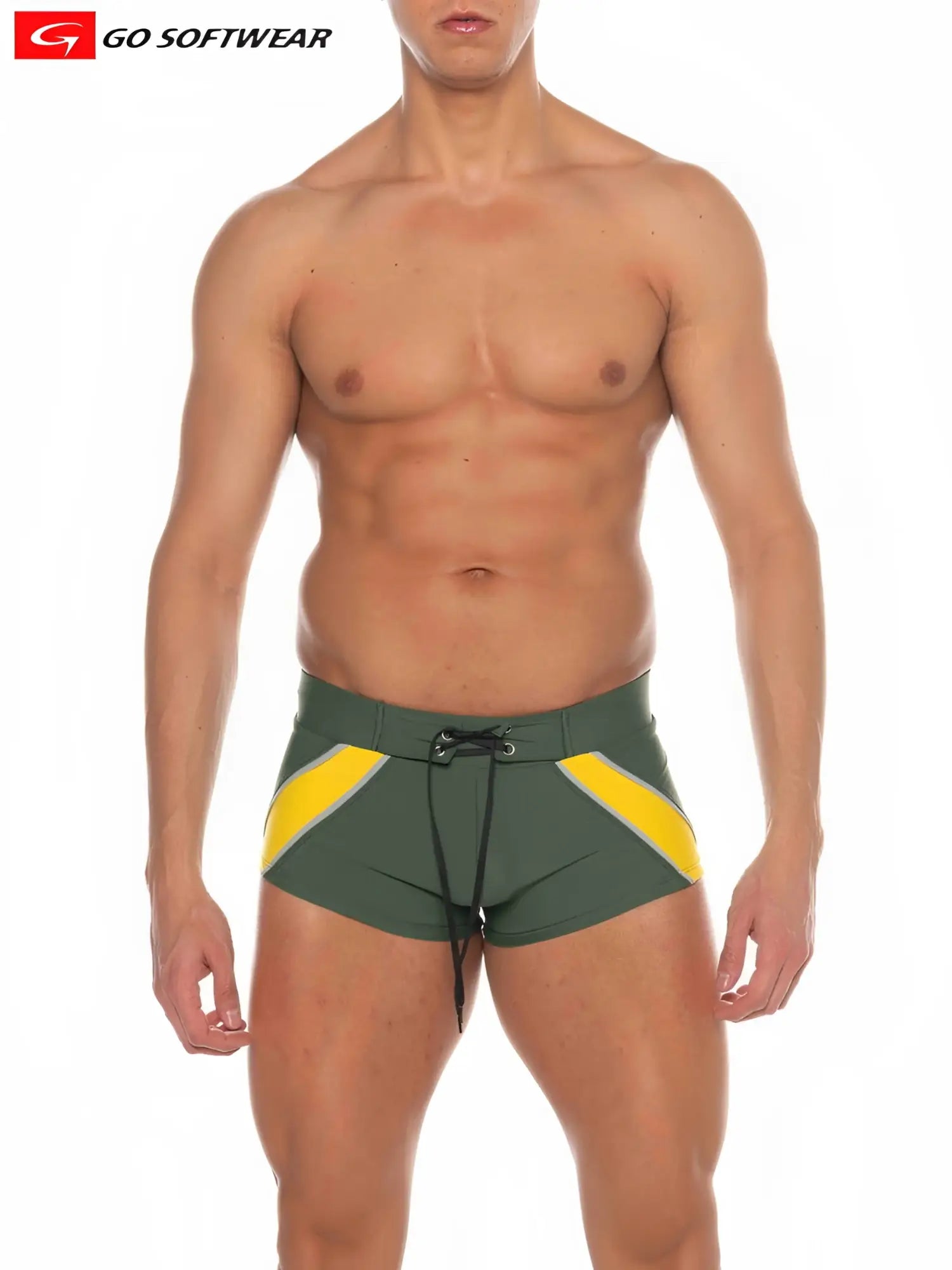 Men’s zanzibar square-cut swim trunks in olive green and yellow with black drawstring waistband for swimming