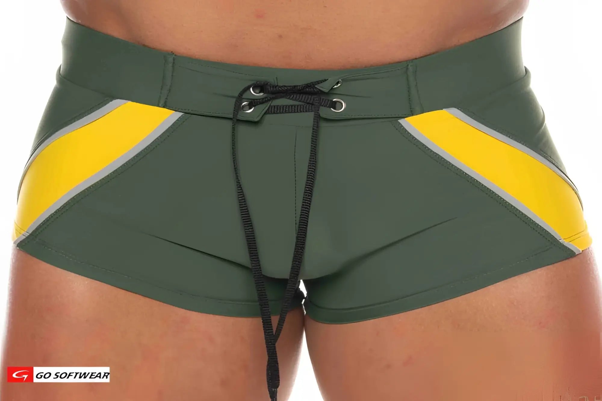 Zanzibar square-cut swim trunks in olive green with bold yellow stripes silver trim and black drawstring closure