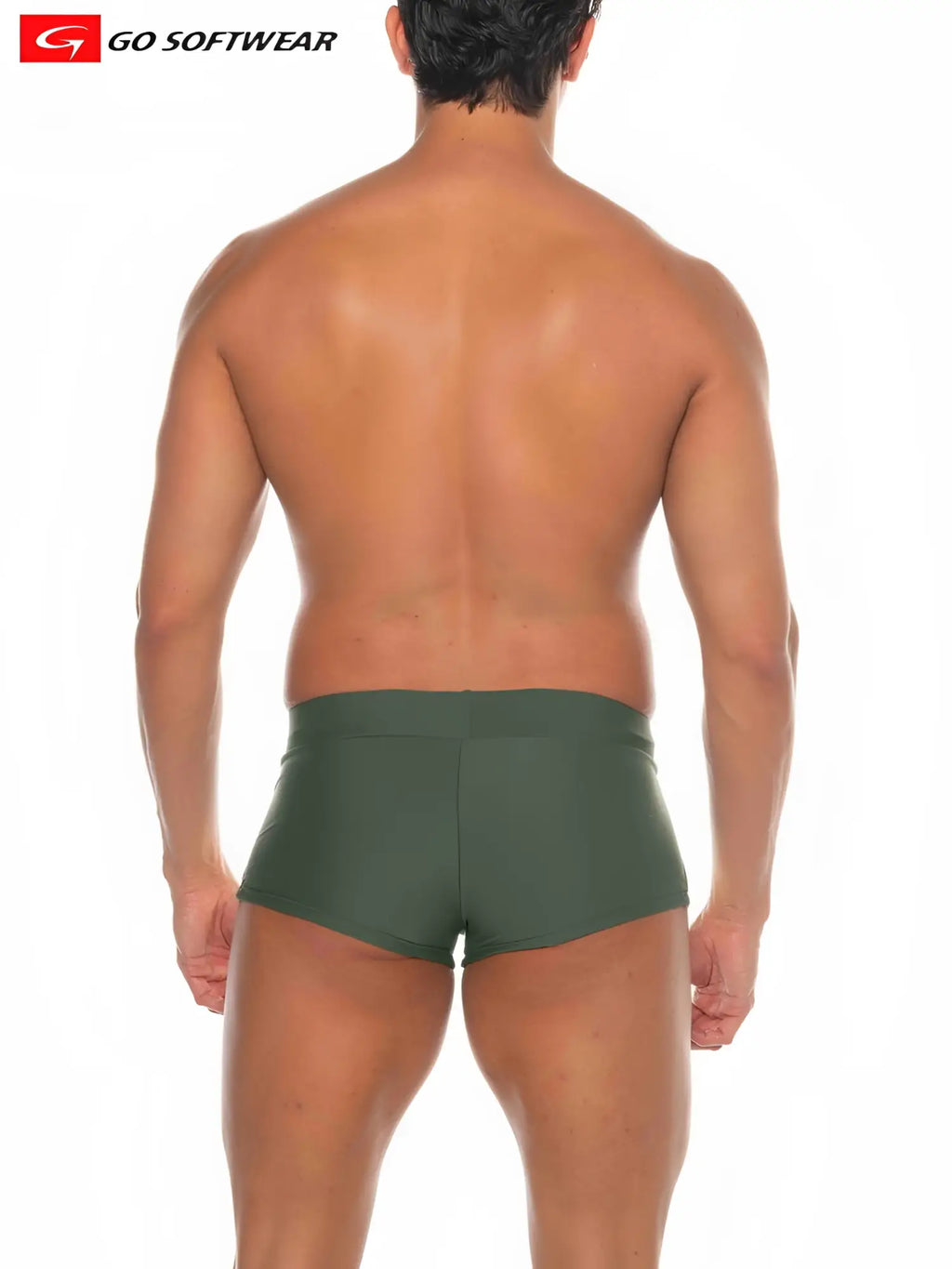 Olive green square-cut swim trunks by go softwear made from soft material for comfortable beachwear