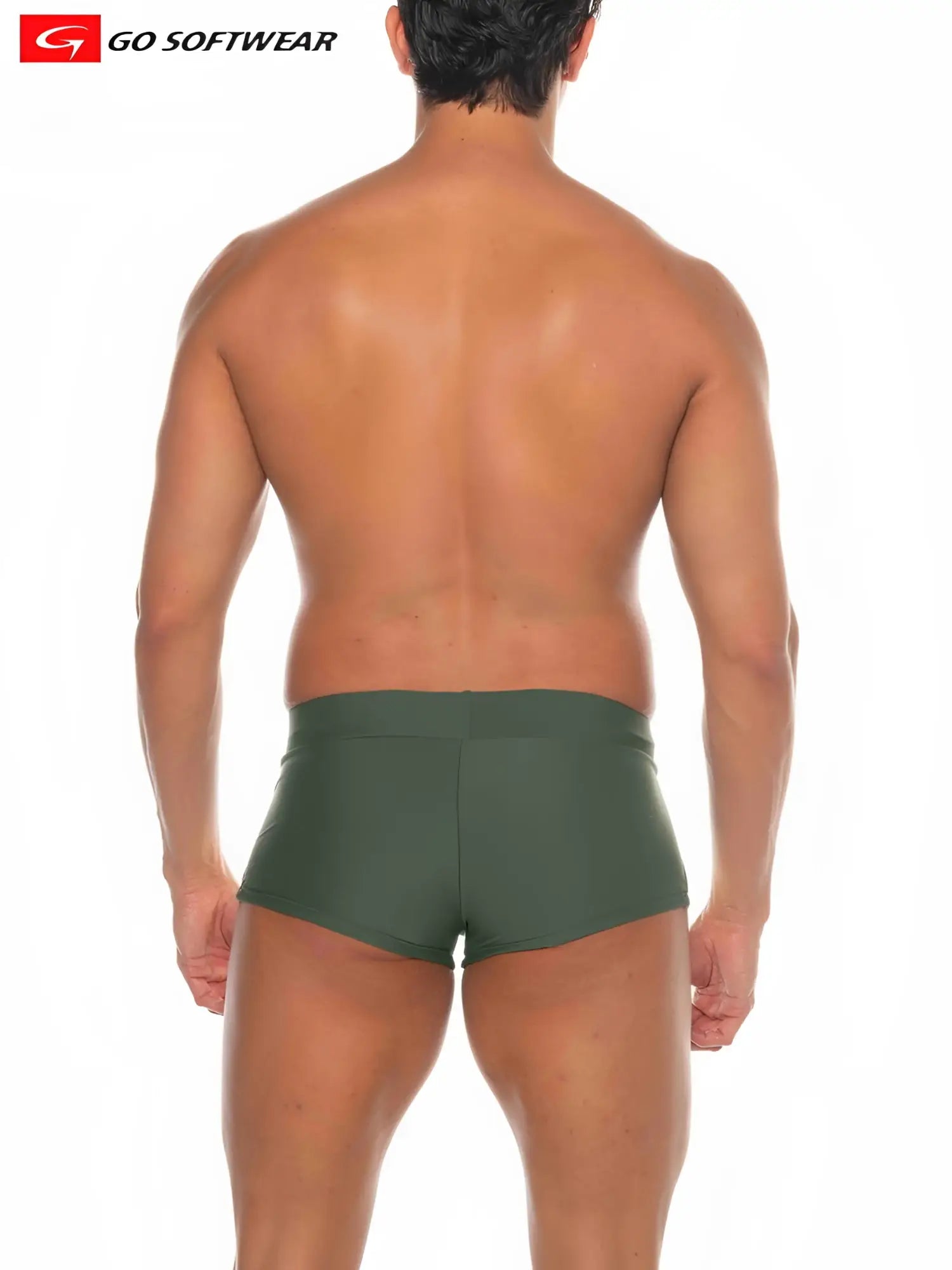 Olive green square-cut swim trunks by go softwear made from soft material for comfortable beachwear