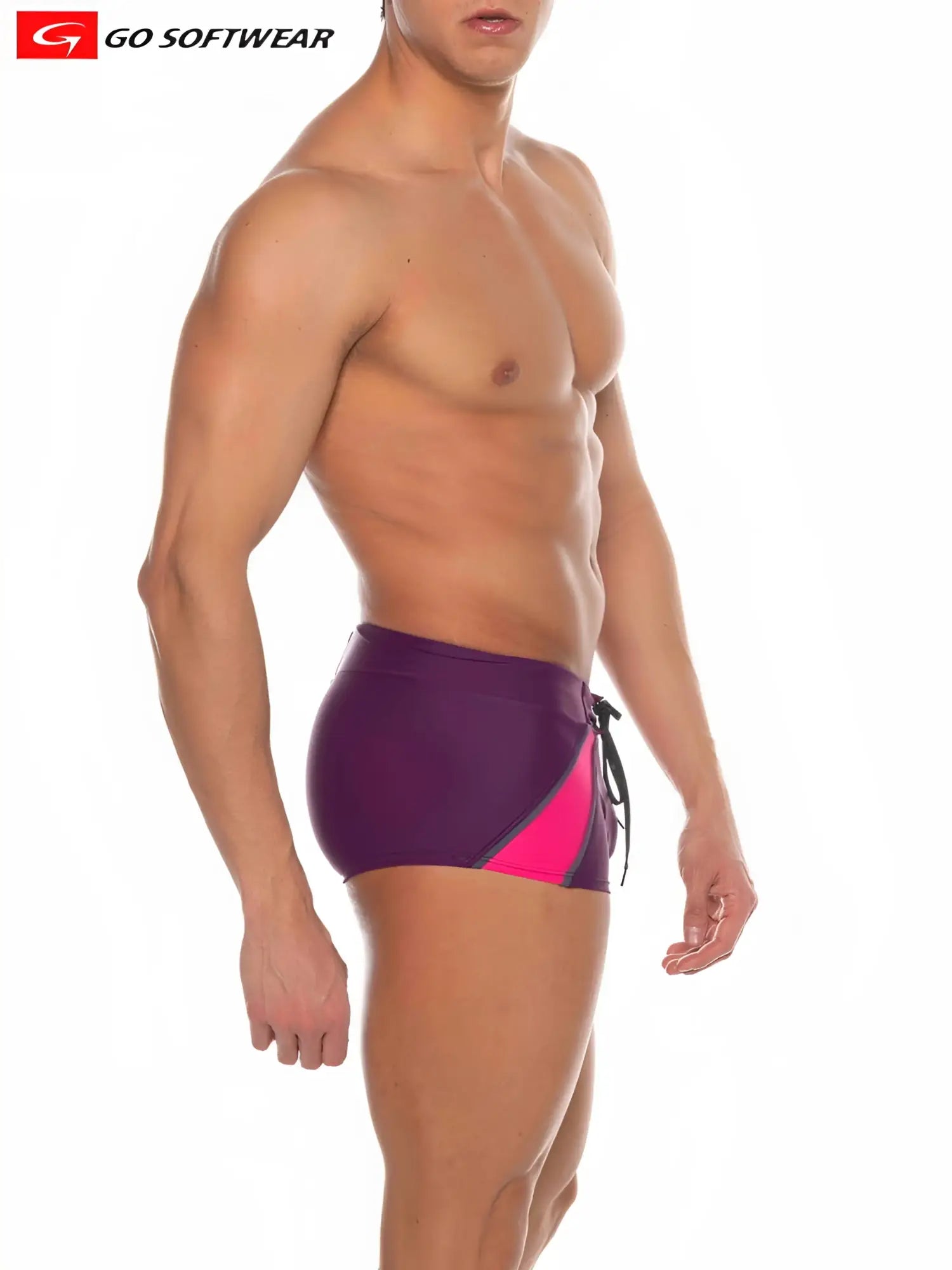 Purple and pink Zanzibar square-cut swim trunks with side panel design and black drawstrings for beachwear