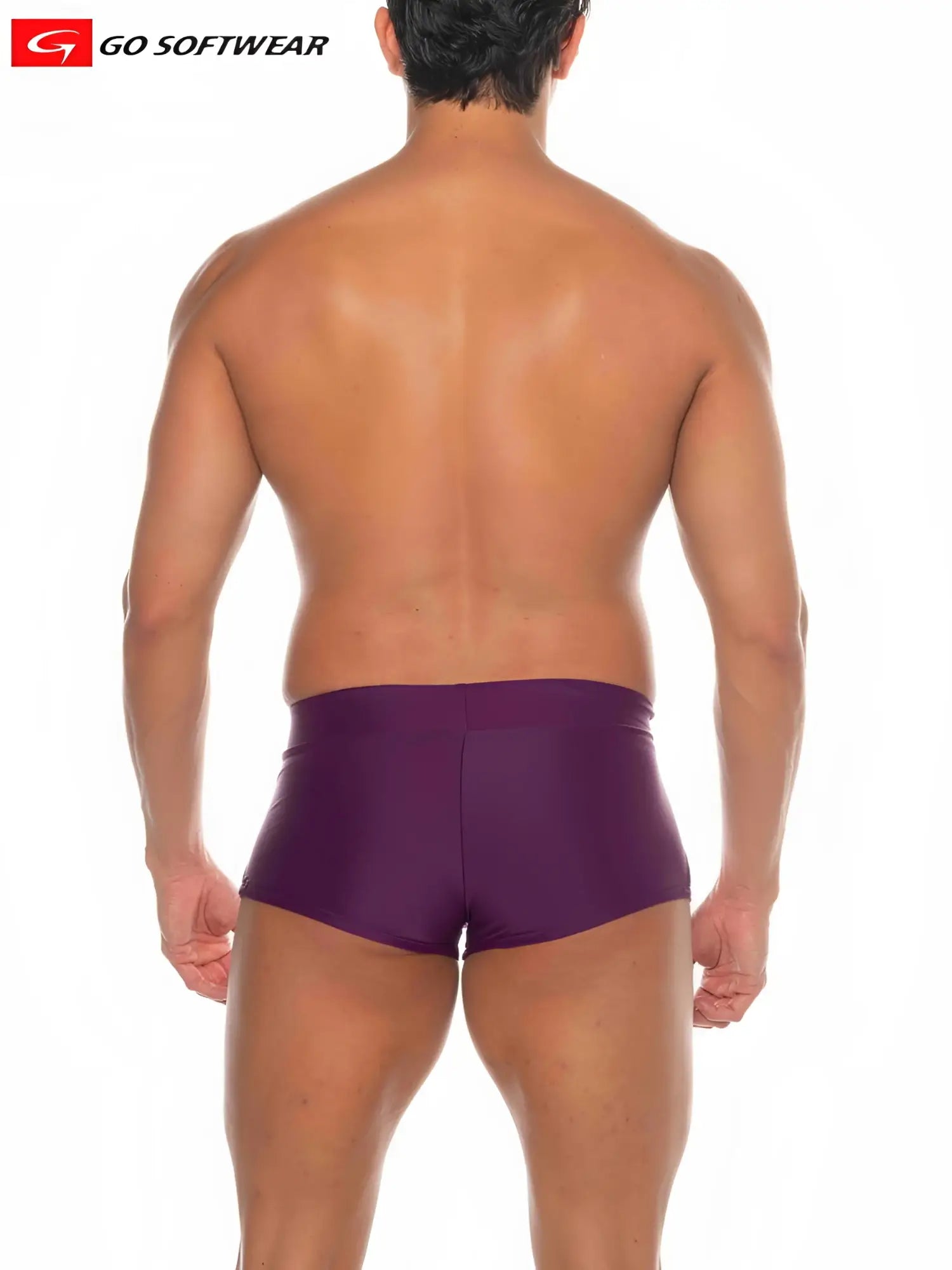 Purple square-cut swim trunks by go softwear made from soft fabric ideal for beach and pool use
